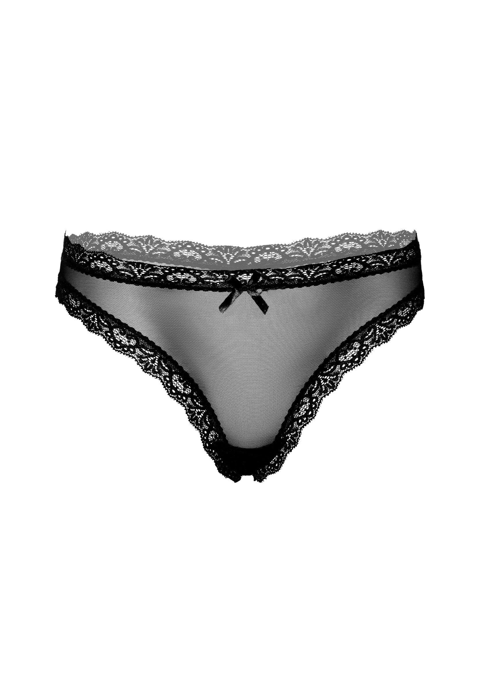 Culotte noire en dentelle fine avec un petit nœud pour une touche élégante et séduisante.; Zwarte kanten slip met een fijne afwerking en een klein strikje voor een elegante en verleidelijke look.; Black lace brief with delicate trim and a small bow for an elegant and seductive touch.