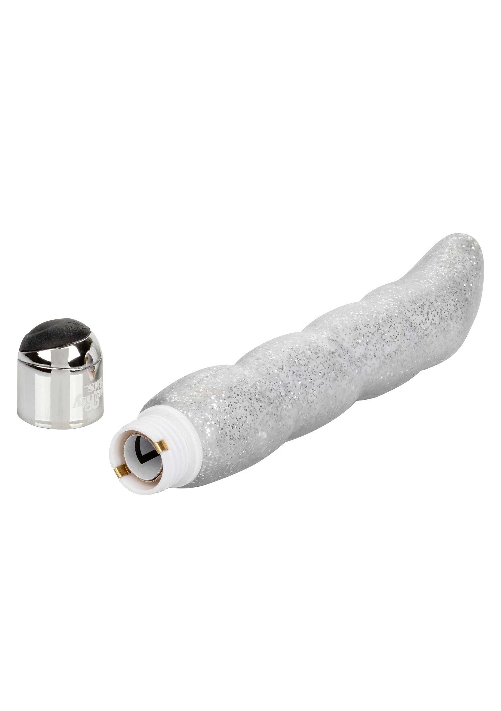 Vibromasseur argenté à paillettes. Plaisir étincelant garanti !; Zilveren vibrator met glitters. Gegarandeerd sprankelend plezier!; Silver glitter vibrator. Sparkling pleasure guaranteed!