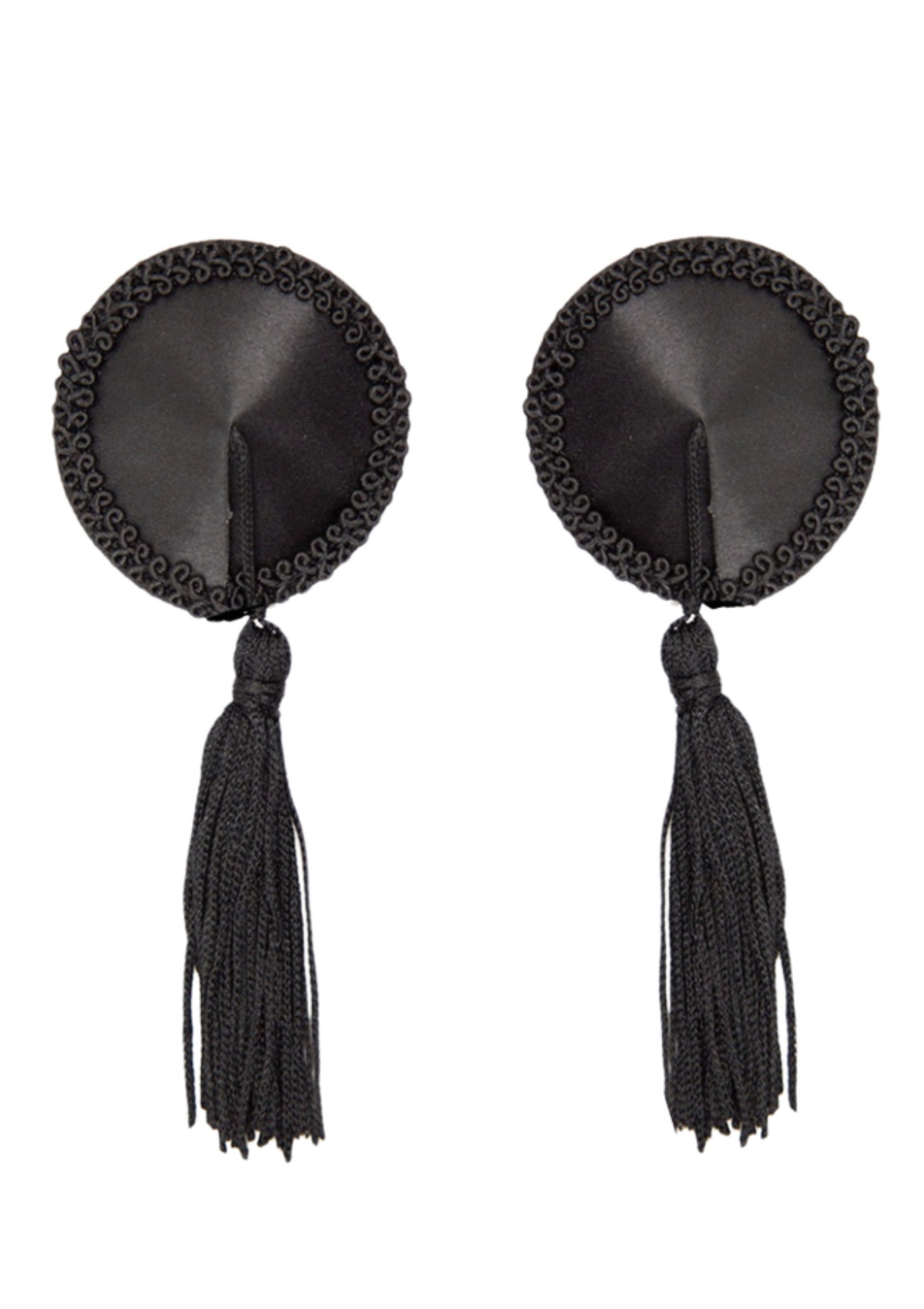 Gants de poitrine noirs élégants avec glands pour un look de lingerie sexy et audacieux.; Elegante zwarte tepelbedekkers met kwasten voor een sexy en gewaagde lingerie look.; Elegant black pasties with tassels for a sexy and daring lingerie look.