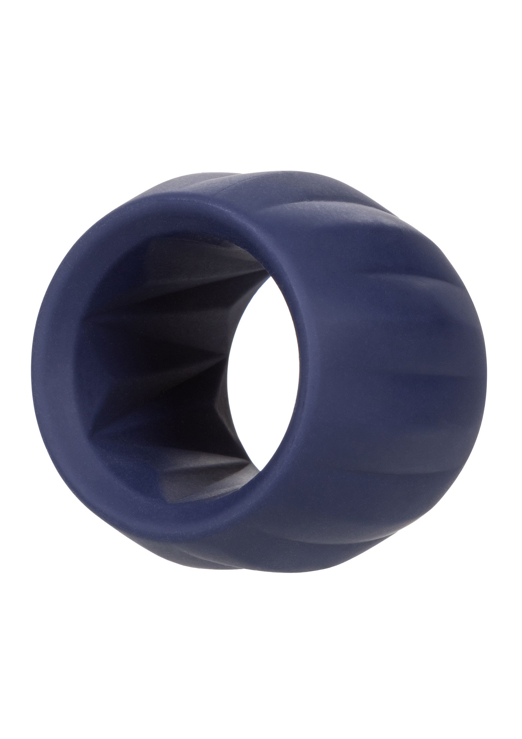 Anneau pénien texturé bleu marine pour le plaisir masculin et féminin.; Marineblauwe getextureerde penisring voor mannelijk en vrouwelijk genot.; Navy blue textured cock ring for male and female pleasure.