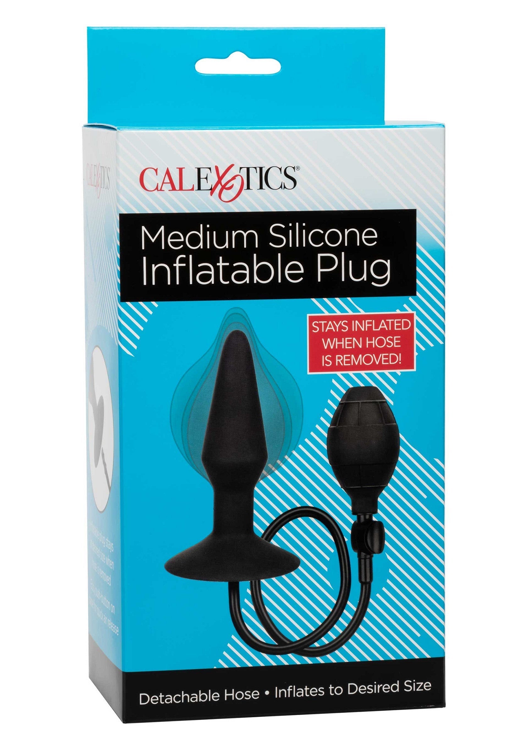 Plug gonflable en silicone médium CalExotics. Tuyau détachable, gonfle à la taille désirée.; CalExotics Medium Silicone Opblaasbare Plug. Afneembare slang, blaast op tot de gewenste grootte.; CalExotics Medium Silicone Inflatable Plug. Detachable hose, inflates to desired size.