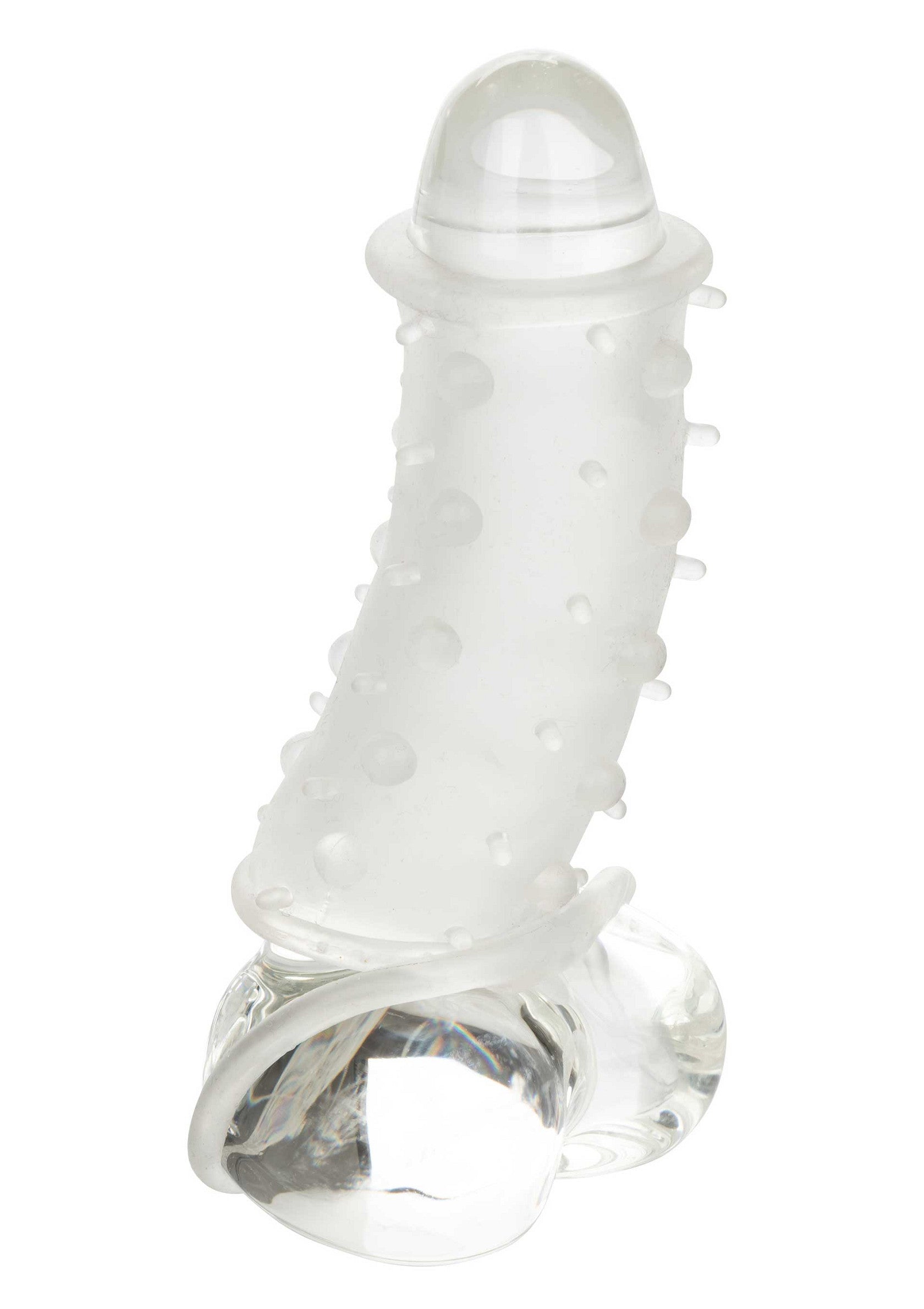 Manchon pénien texturé transparent pour des sensations accrues.; Transparante, getextureerde peniskoker voor extra sensaties.; Clear, textured penis sleeve for enhanced sensations.