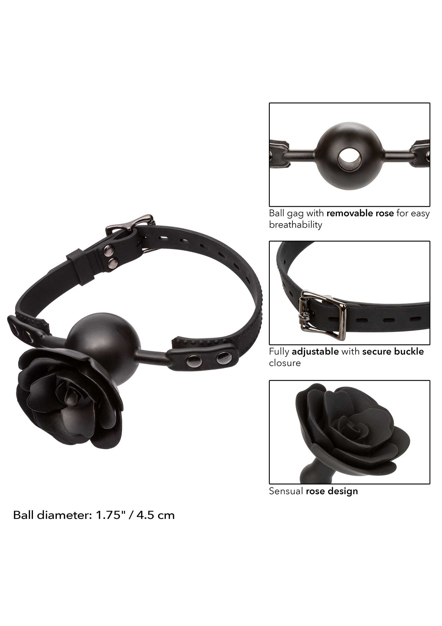 Bâillon boule avec rose noire amovible. Ajustable, respirant et sensuel.; Bal knevel met afneembare zwarte roos. Verstelbaar, ademend en sensueel.; Black rose ball gag with removable rose. Adjustable, breathable, and sensual.
