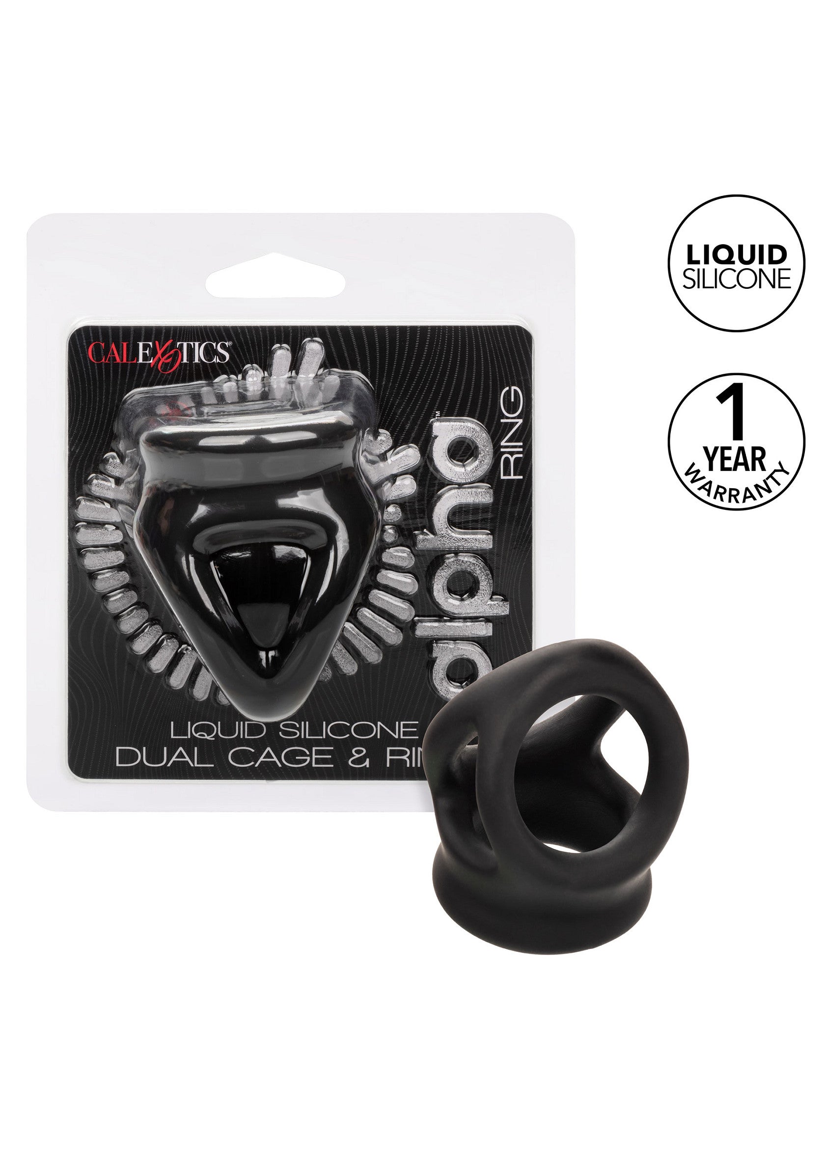 Anneau pénien CalExotics Alpha Ring en silicone liquide noire. Pour un plaisir plus intense et durable.; CalExotics Alpha Ring penisring van zwarte vloeibare siliconen. Voor intenser en langer plezier.; CalExotics Alpha Ring cock ring in black liquid silicone. For more intense and longer lasting pleasure.