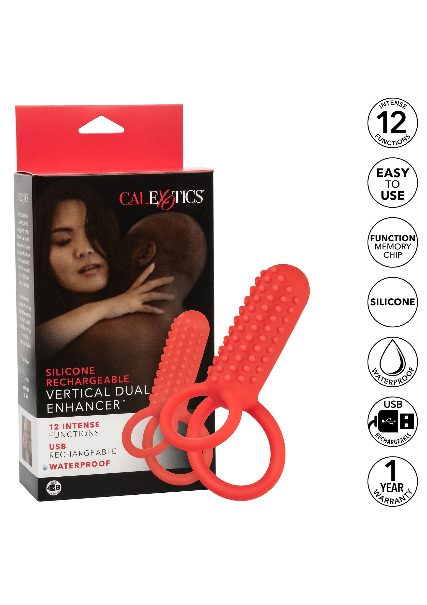 Améliorez votre plaisir avec le CalExotics Vertical Dual Enhancer rouge. Rechargeable, en silicone et offrant 12 fonctions. ; Verbeter je plezier met de rode CalExotics Vertical Dual Enhancer. Oplaadbaar, siliconen en biedt 12 functies.; Enhance pleasure with the red CalExotics Vertical Dual Enhancer. Rechargeable, silicone, 12 functions, and easy to use.