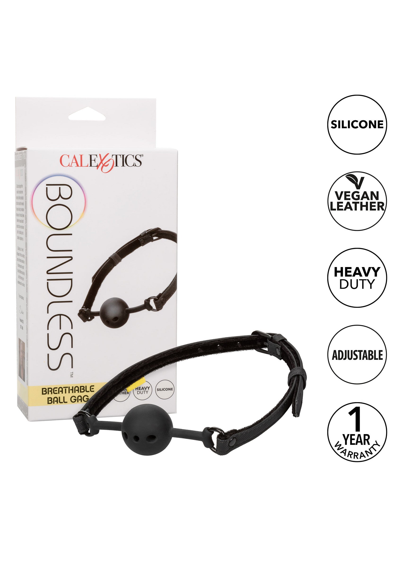 Bâillon boule respirant Calexotics Boundless. En silicone, cuir vegan. Réglable, robuste, garantie 1 an.; Calexotics Boundless ademende balgag. Silicone, veganistisch leer. Verstelbaar, robuust, 1 jaar garantie.; Calexotics Boundless breathable ball gag. Silicone, vegan leather. Adjustable, heavy duty, 1 year warranty.