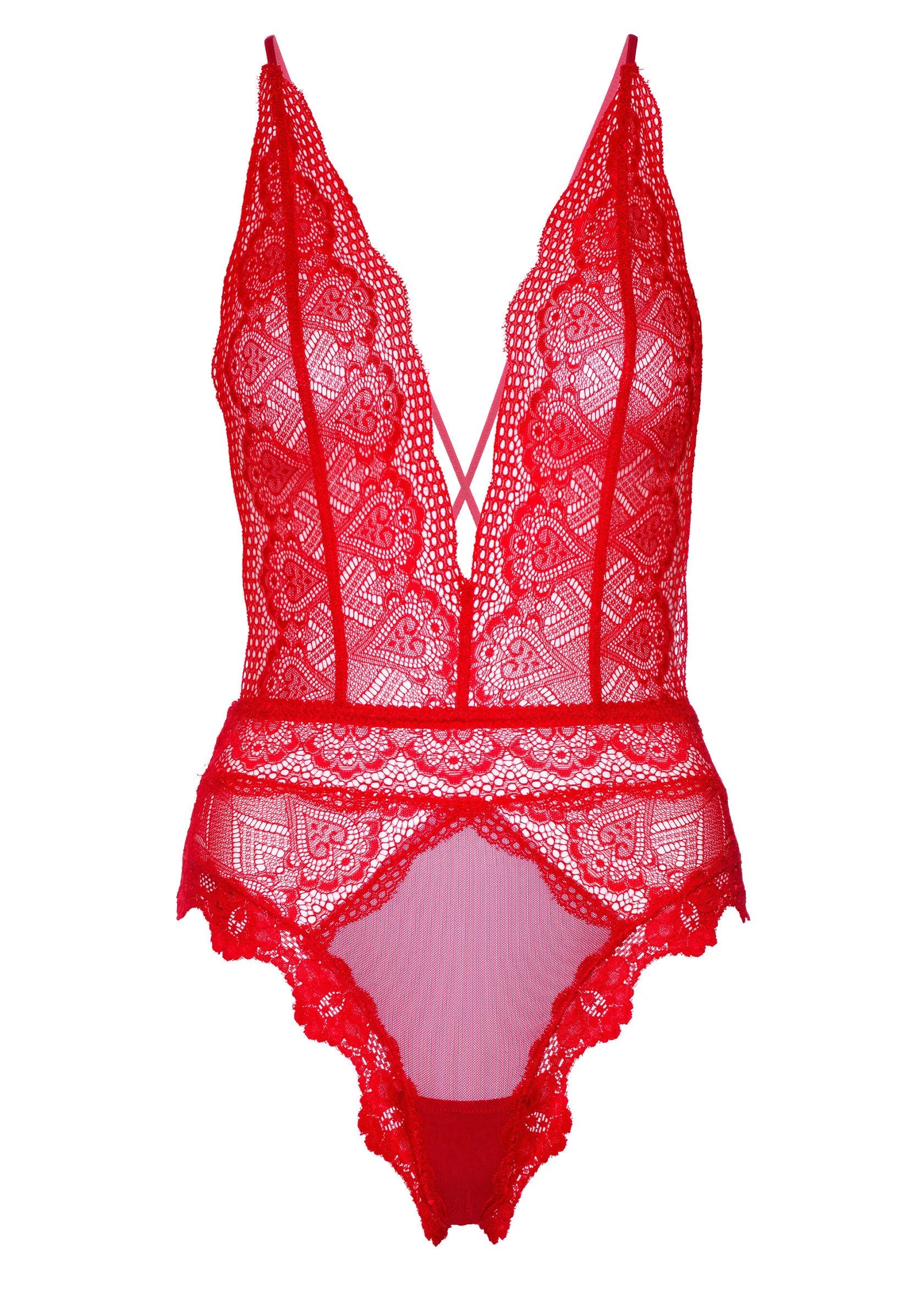 Body rouge en dentelle délicate pour une touche de sensualité et d'élégance. Parfait pour une nuit spéciale.; Rode body van delicaat kant voor een sensuele en elegante touch. Perfect voor een speciale avond.; Red lace bodysuit for a sensual and elegant touch. Perfect for a special night. Intricate detail.
