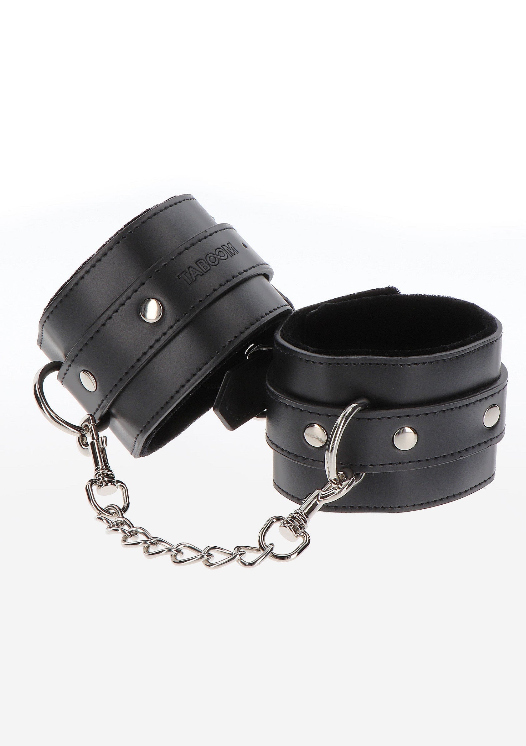 Menottes en cuir noir avec chaîne, accessoires coquins pour adultes. Découvrez le plaisir et l'aventure !; Zwarte leren handboeien met ketting, ondeugende accessoires voor volwassenen. Ontdek plezier en avontuur!; Black leather handcuffs with chain, naughty adult accessories. Discover pleasure and adventure!