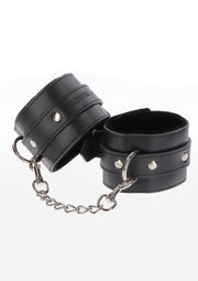 Menottes en cuir noir avec chaîne, accessoires coquins pour adultes. Découvrez le plaisir et l'aventure !; Zwarte leren handboeien met ketting, ondeugende accessoires voor volwassenen. Ontdek plezier en avontuur!; Black leather handcuffs with chain, naughty adult accessories. Discover pleasure and adventure!