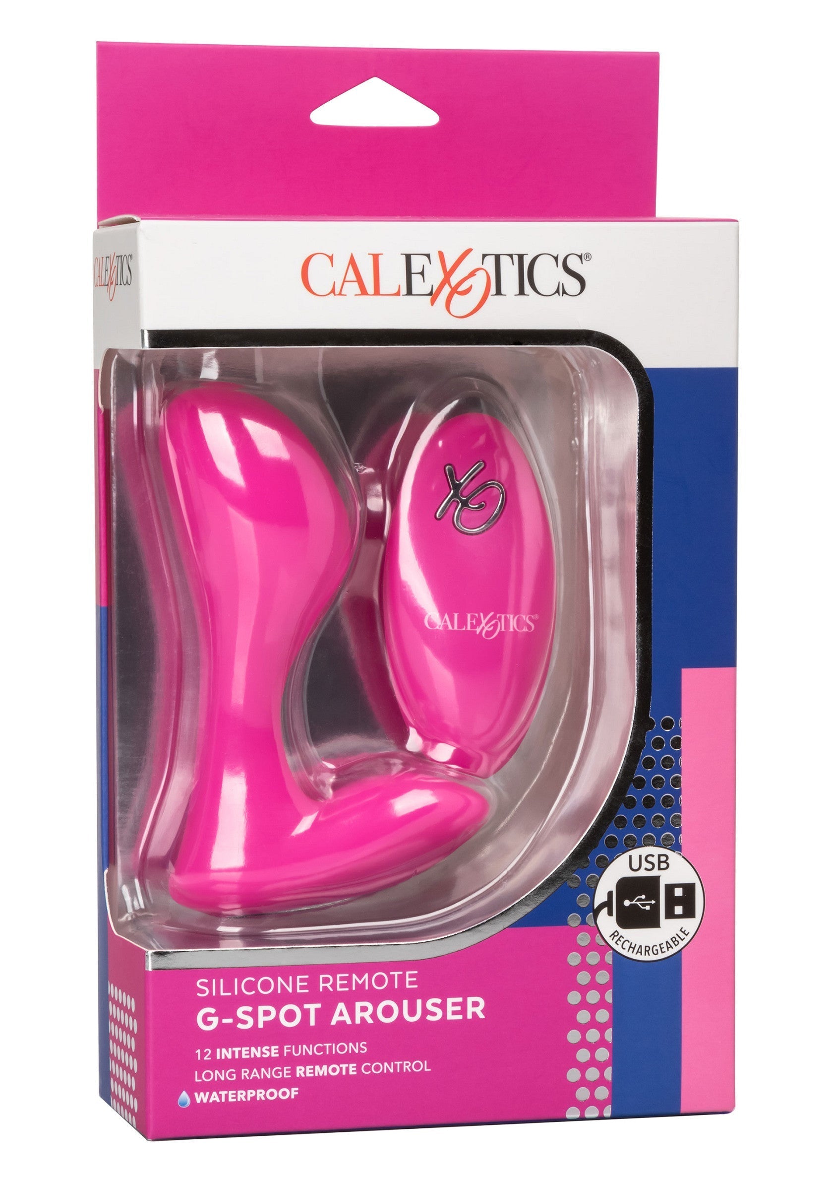 Masseur de point G télécommandé en silicone CalExotics pour un plaisir intense. Rechargeable par USB et étanche.; CalExotics siliconen G-spot stimulator met afstandsbediening voor intens genot. USB oplaadbaar en waterdicht.; CalExotics silicone remote G-spot massager for intense pleasure. USB rechargeable and waterproof.