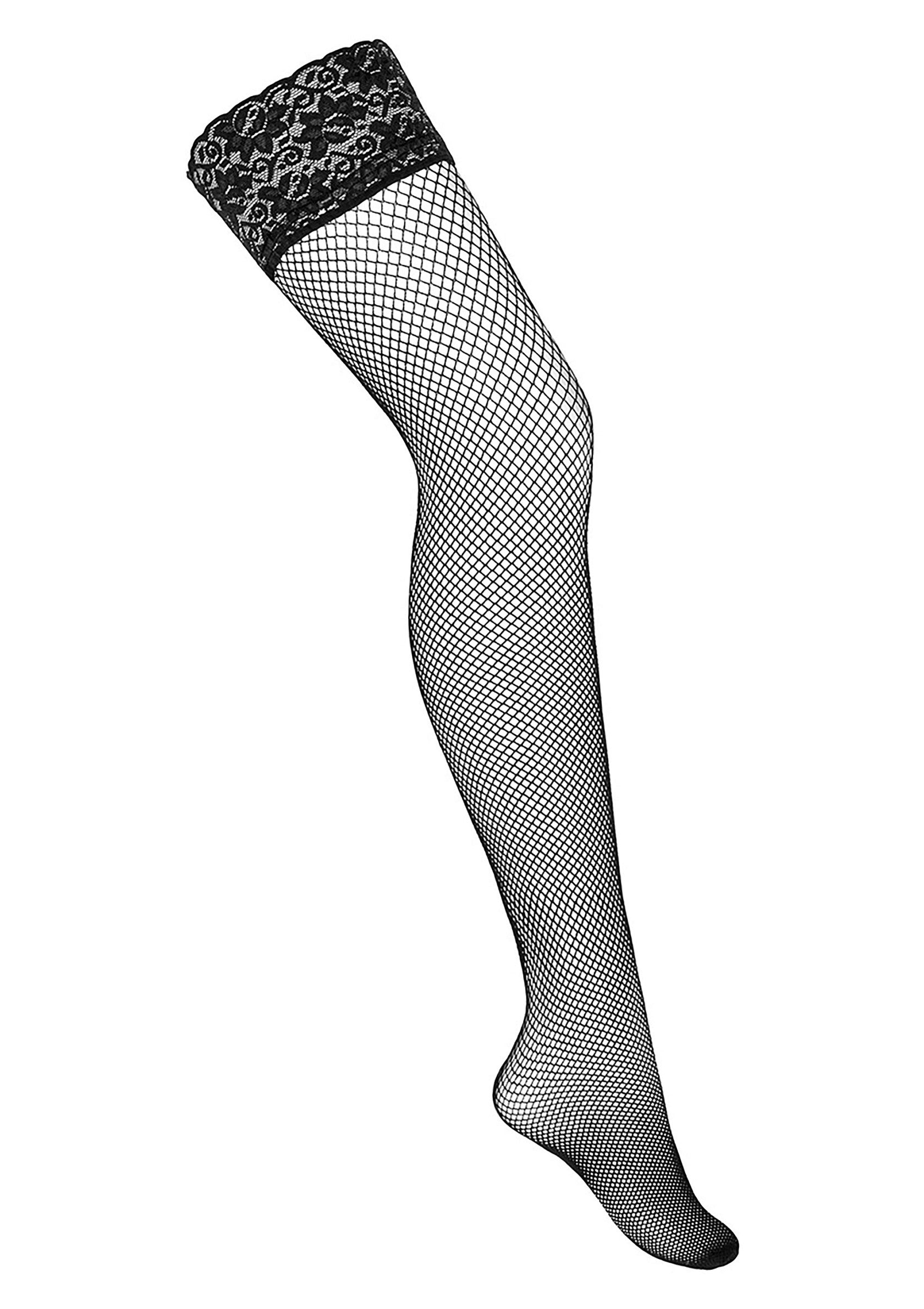 Bas résille noirs avec bordure en dentelle, élégants et séduisants. Accessoire de mode parfait pour un look audacieux.; Zwarte visnetkousen met kanten rand, elegant en verleidelijk. Perfect modeaccessoire voor een gedurfde look.; Black fishnet stockings with lace trim, elegant and seductive. Perfect fashion accessory for a bold look.