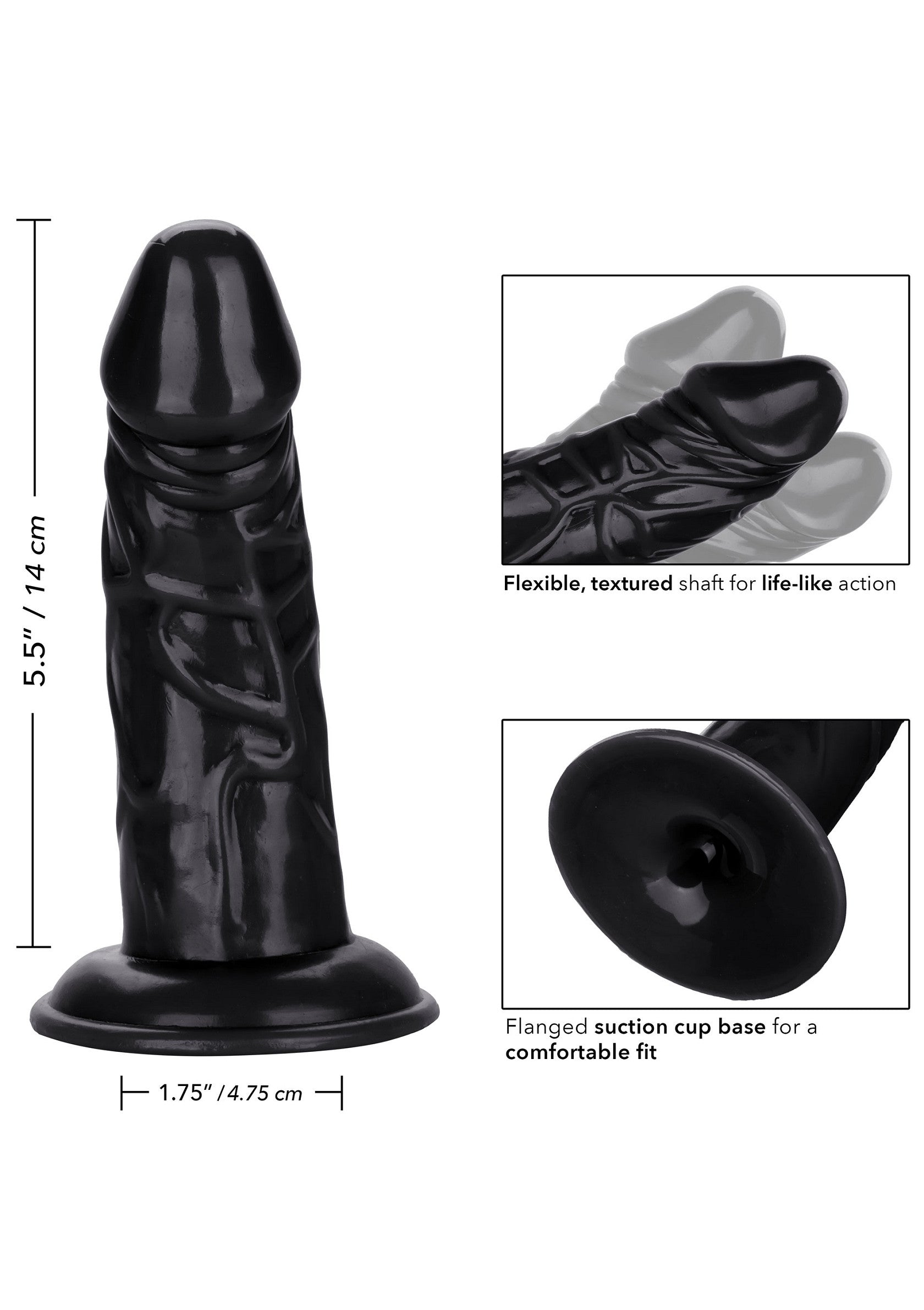 Gode noir texturé avec ventouse pour un maintien optimal. Dimensions : 14 cm de long, 4,75 cm de diamètre.; Zwarte, getextureerde dildo met zuignap voor optimale grip. Afmetingen: 14 cm lang, 4,75 cm diameter.; Black textured dildo with suction cup for secure grip. Size: 14 cm long, 4.75 cm diameter.