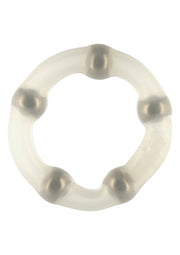 Anneau pénien transparent avec billes métalliques pour le plaisir masculin.; Transparante penisring met metalen ballen voor mannelijk genot.; Clear cock ring with metal balls for male pleasure.
