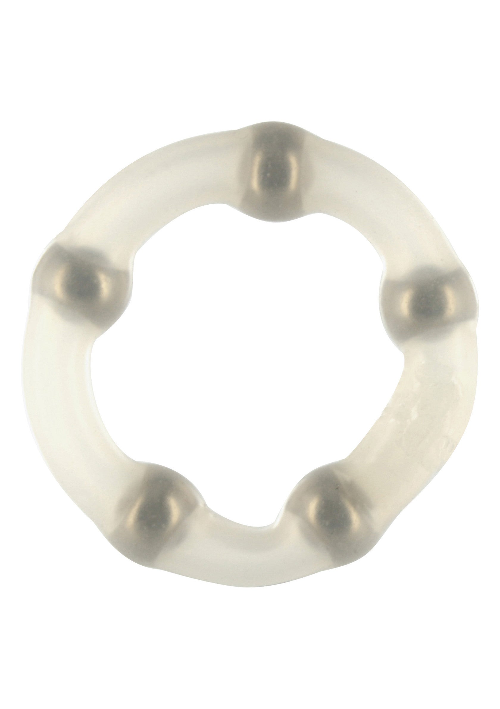 Anneau pénien transparent avec billes métalliques pour le plaisir masculin.; Transparante penisring met metalen ballen voor mannelijk genot.; Clear cock ring with metal balls for male pleasure.