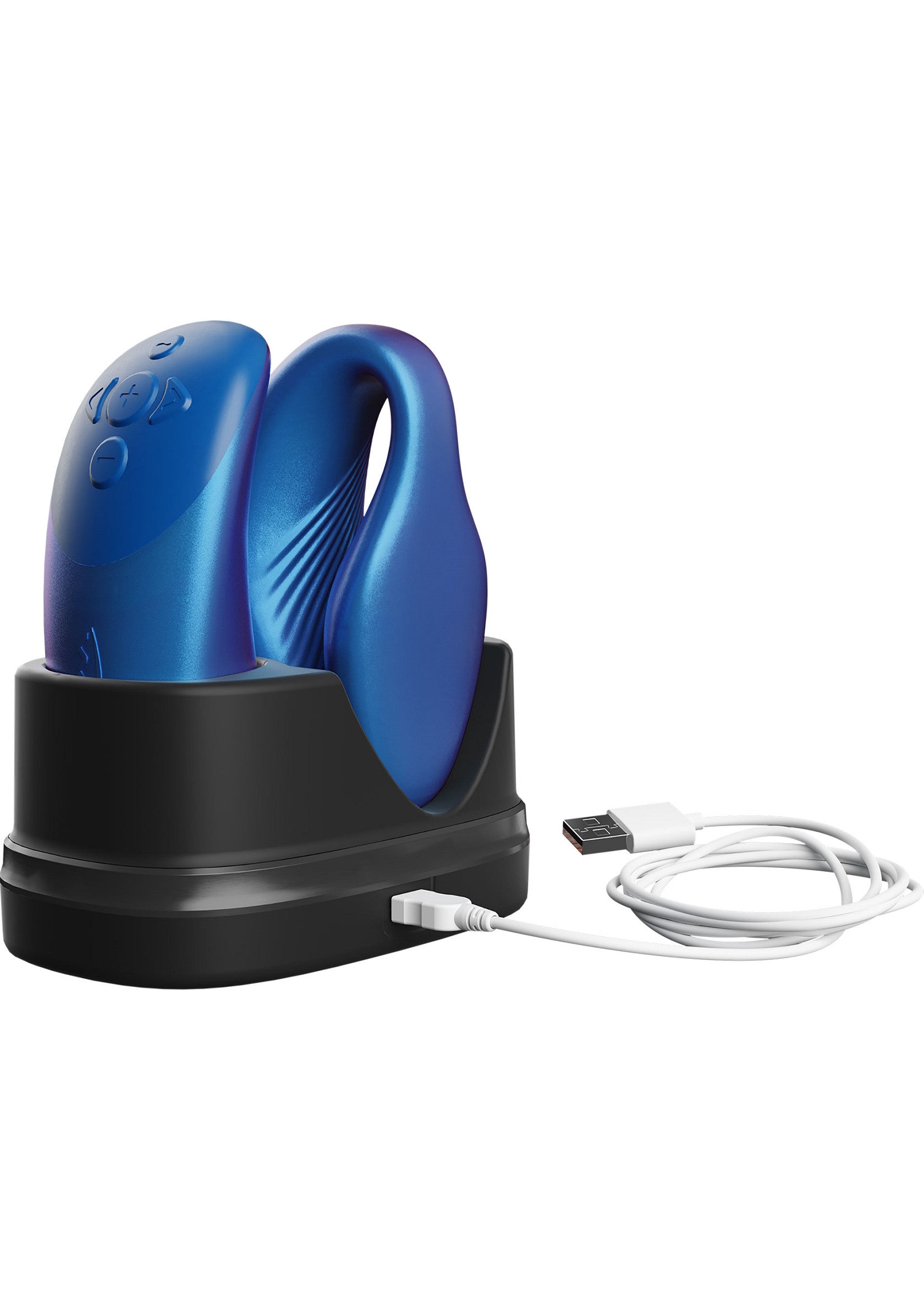 Masseur de couple rechargeable bleu avec base de chargement pour plus de plaisir et de détente.; Oplaadbare blauwe koppelmassager met oplaadstation voor meer plezier en ontspanning.; Rechargeable blue couple massager with charging base for added pleasure and relaxation.