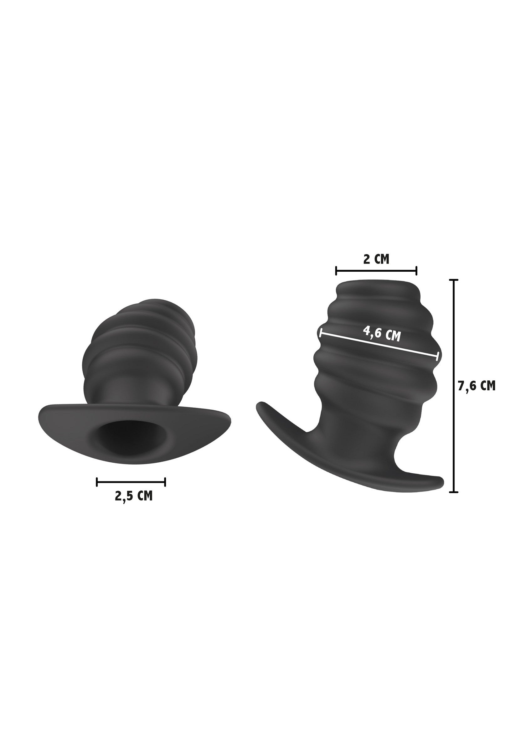 Plug anal noir texturé pour une expérience sensorielle intense. Dimensions détaillées affichées.; Zwarte, getextureerde anale plug voor een intense sensorische ervaring. Gedetailleerde afmetingen weergegeven.; Textured black anal plug for an intense sensory experience. Detailed dimensions shown.