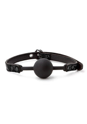 Bâillon sphérique noir avec sangle réglable pour des jeux de rôle intenses et une soumission totale.; Zwarte kogelknevel met verstelbare riem voor intense rollenspellen en totale onderwerping.; Black ball gag with adjustable strap for intense role-playing and total submission. 