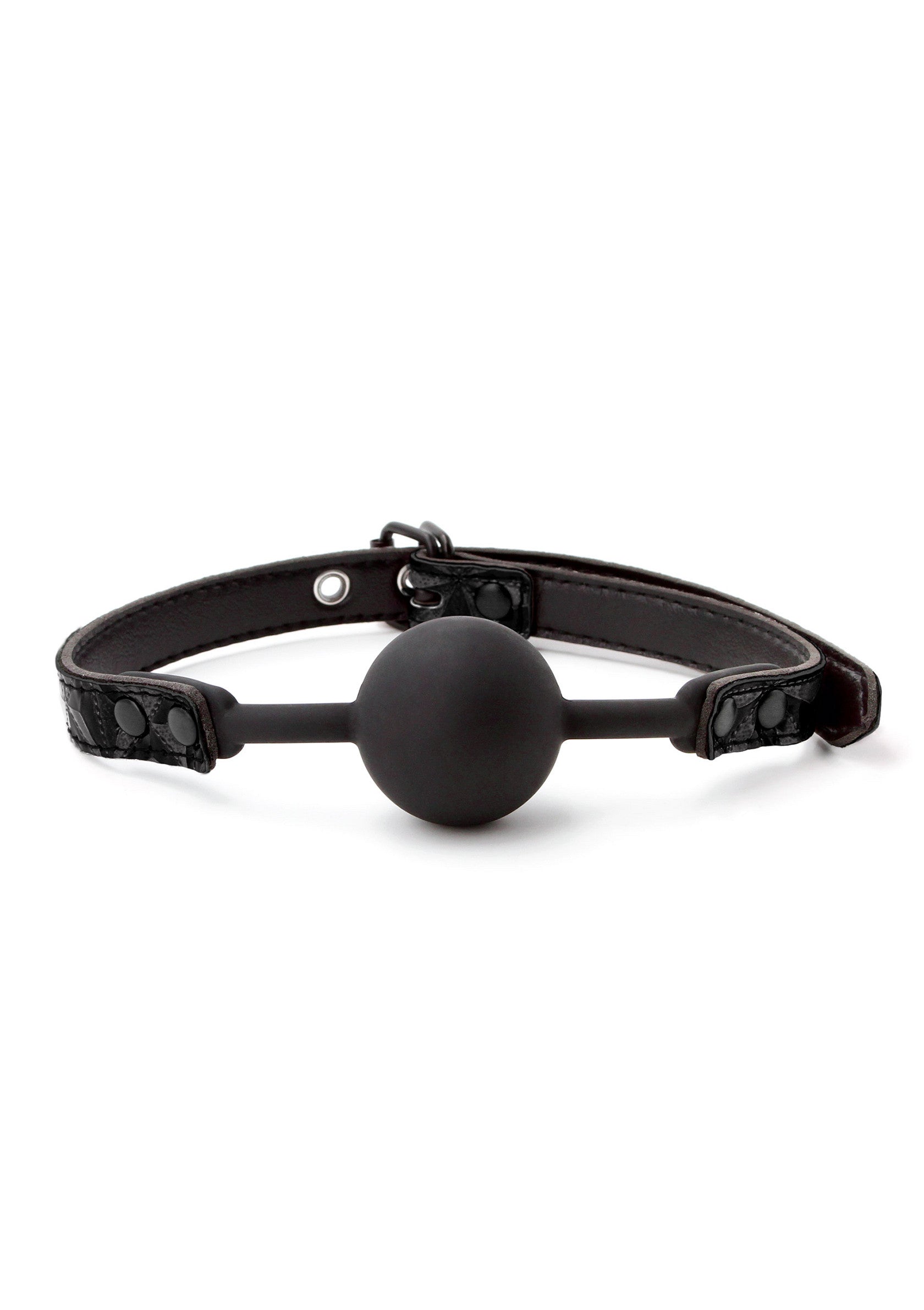 Bâillon sphérique noir avec sangle réglable pour des jeux de rôle intenses et une soumission totale.; Zwarte kogelknevel met verstelbare riem voor intense rollenspellen en totale onderwerping.; Black ball gag with adjustable strap for intense role-playing and total submission. 