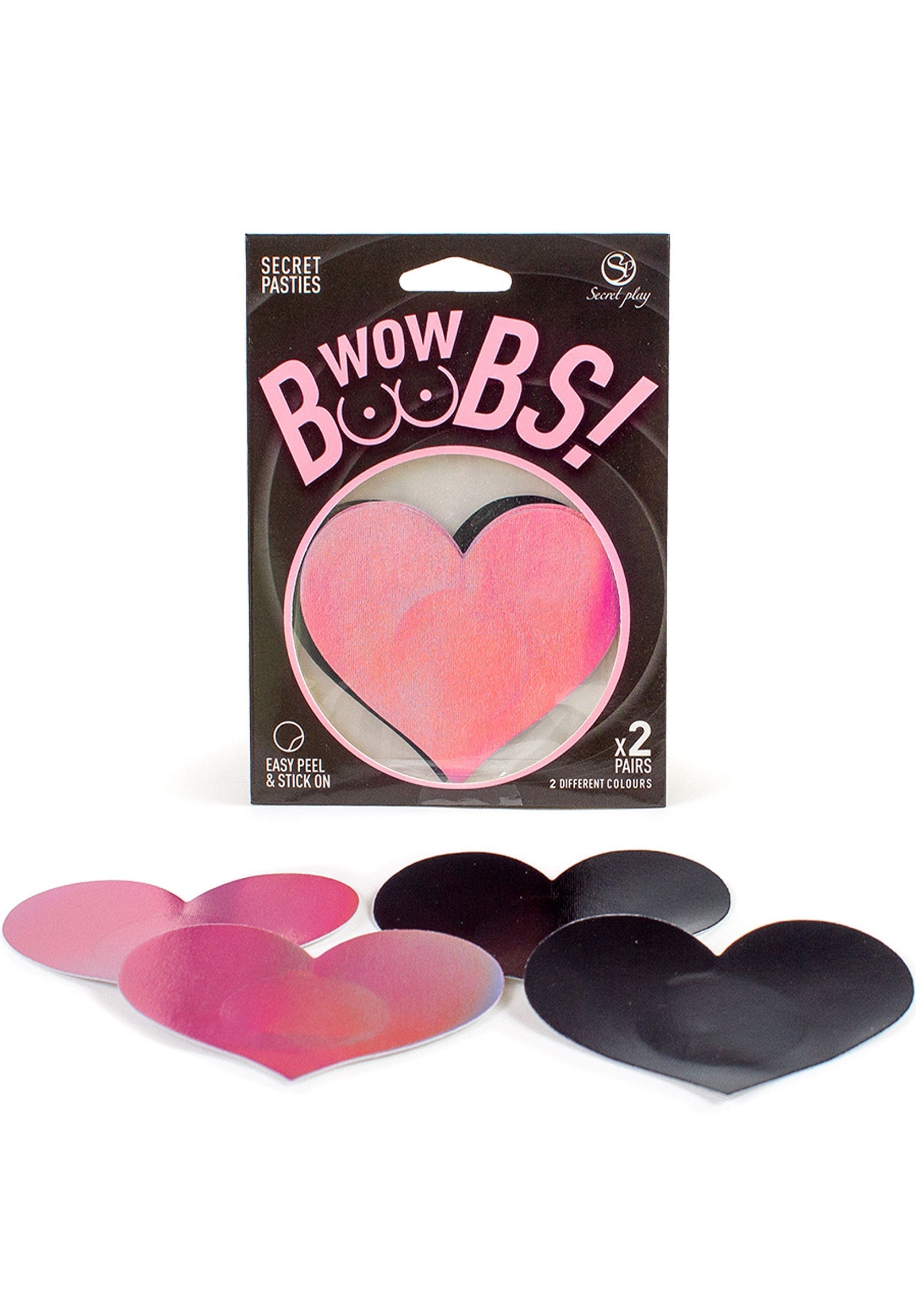Cache-tétons en forme de coeur, 2 paires de couleurs différentes. Accessoires sexy Secret Play Wow Boobs!; Hartvormige tepelbedekkers, 2 paar in verschillende kleuren. Sexy accessoires Secret Play Wow Boobs!; Heart-shaped pasties, 2 pairs in different colors. Sexy accessories Secret Play Wow Boobs!