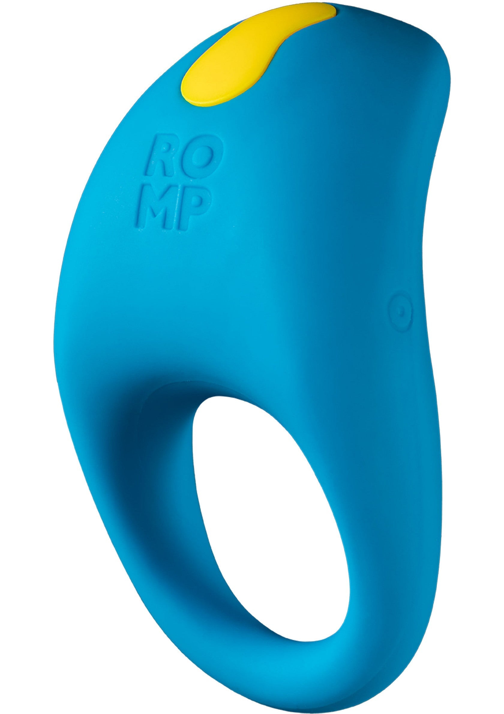 Anneau vibrant ROMP bleu et jaune pour couples. Pour une expérience partagée intense et amusante.; Blauw-gele ROMP vibrerende ring voor koppels. Voor een intense en leuke gedeelde ervaring.; Blue and yellow ROMP vibrating cock ring for couples. For an intense and fun shared experience.