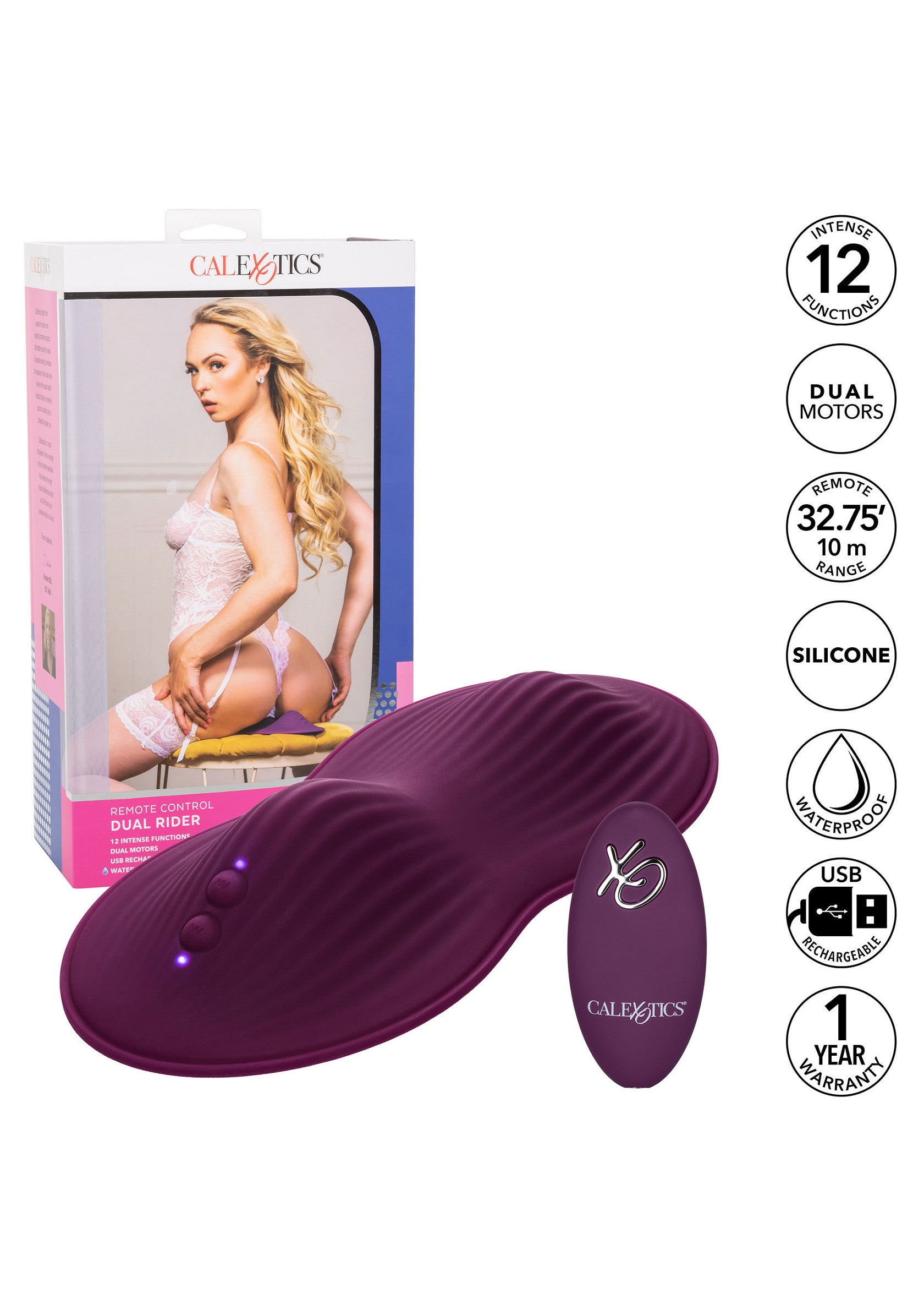 CalExotics Dual Rider : vibromasseur clitoridien et point G double moteur avec télécommande. 12 fonctions, étanche, rechargeable.; CalExotics Dual Rider: G-spot en clitoris vibrator met dubbele motor en afstandsbediening. 12 functies, waterdicht, oplaadbaar.; CalExotics Dual Rider: Dual motor G-spot & clitoral vibrator with remote. 12 functions, waterproof, rechargeable.