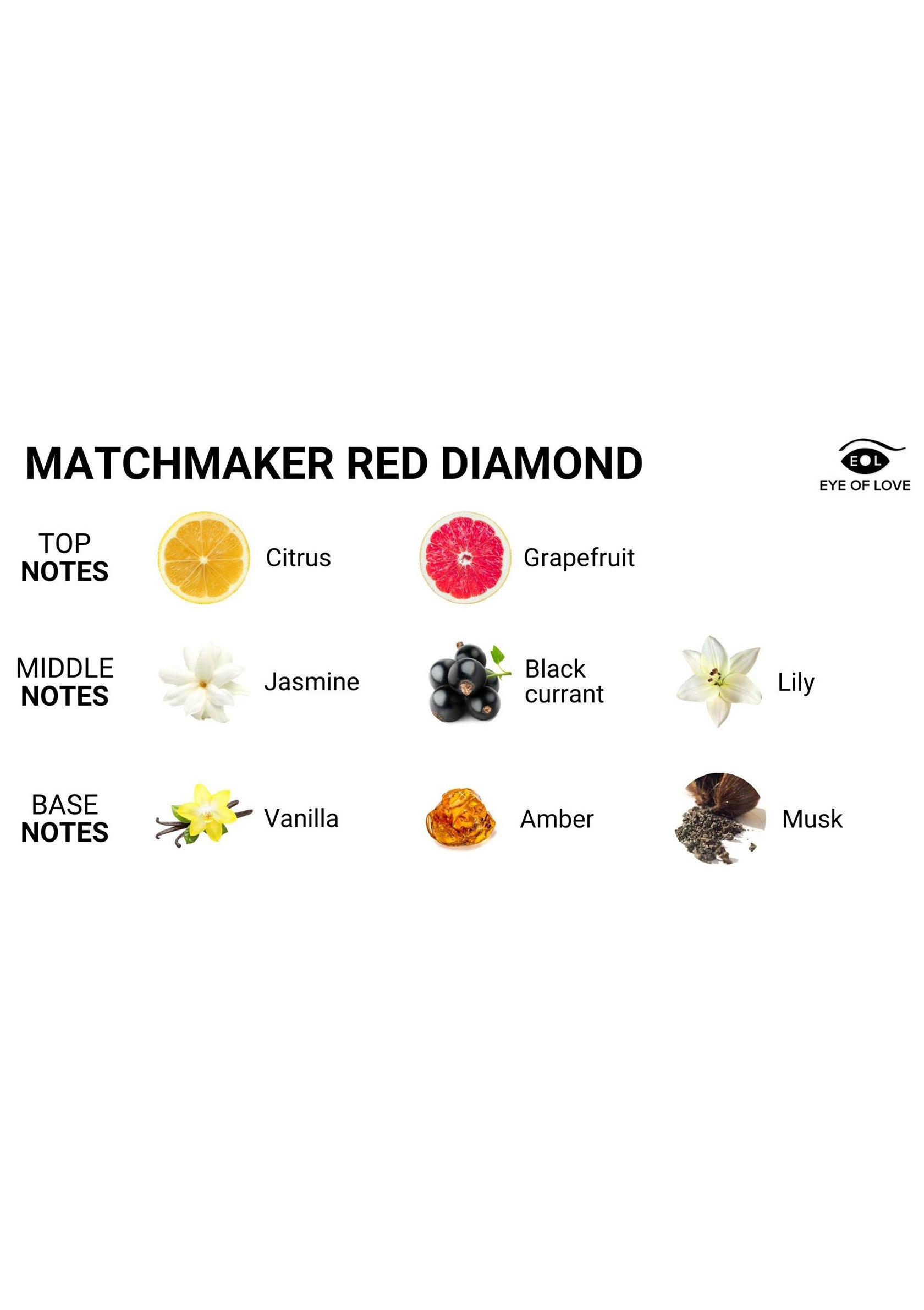 Notes de parfum Matchmaker Red Diamond : agrumes, pamplemousse, jasmin, cassis, lys, vanille, ambre et musc.; Matchmaker Red Diamond parfum noten: citrus, grapefruit, jasmijn, zwarte bes, lelie, vanille, amber en muskus.; Matchmaker Red Diamond perfume notes: citrus, grapefruit, jasmine, black currant, lily, vanilla, amber and musk.