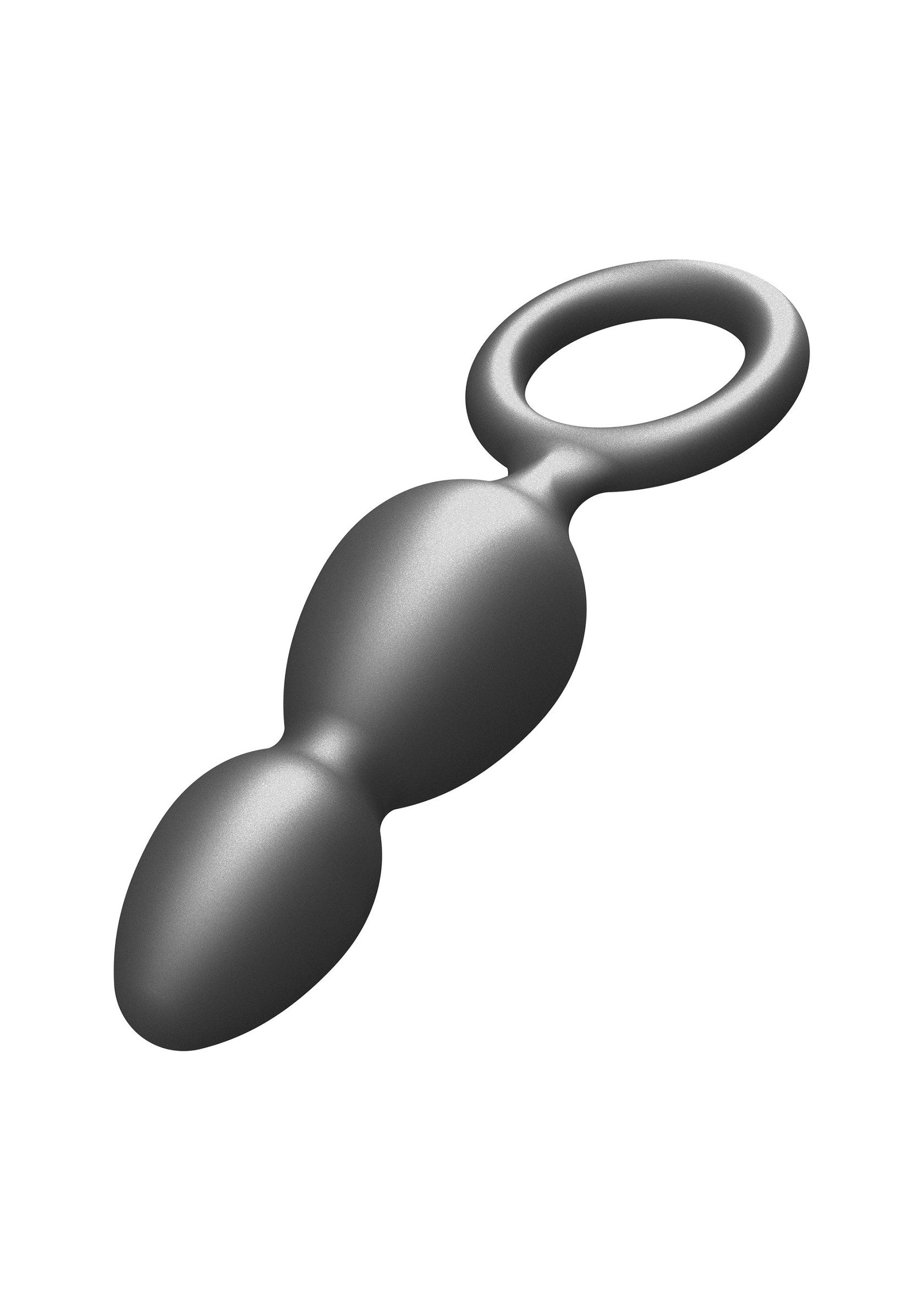 Plug anal lisse et argenté avec anneau pour une utilisation confortable.; Gladde, zilverkleurige anale plug met ring voor comfortabel gebruik.; Smooth, silver-colored anal plug with ring for comfortable use.