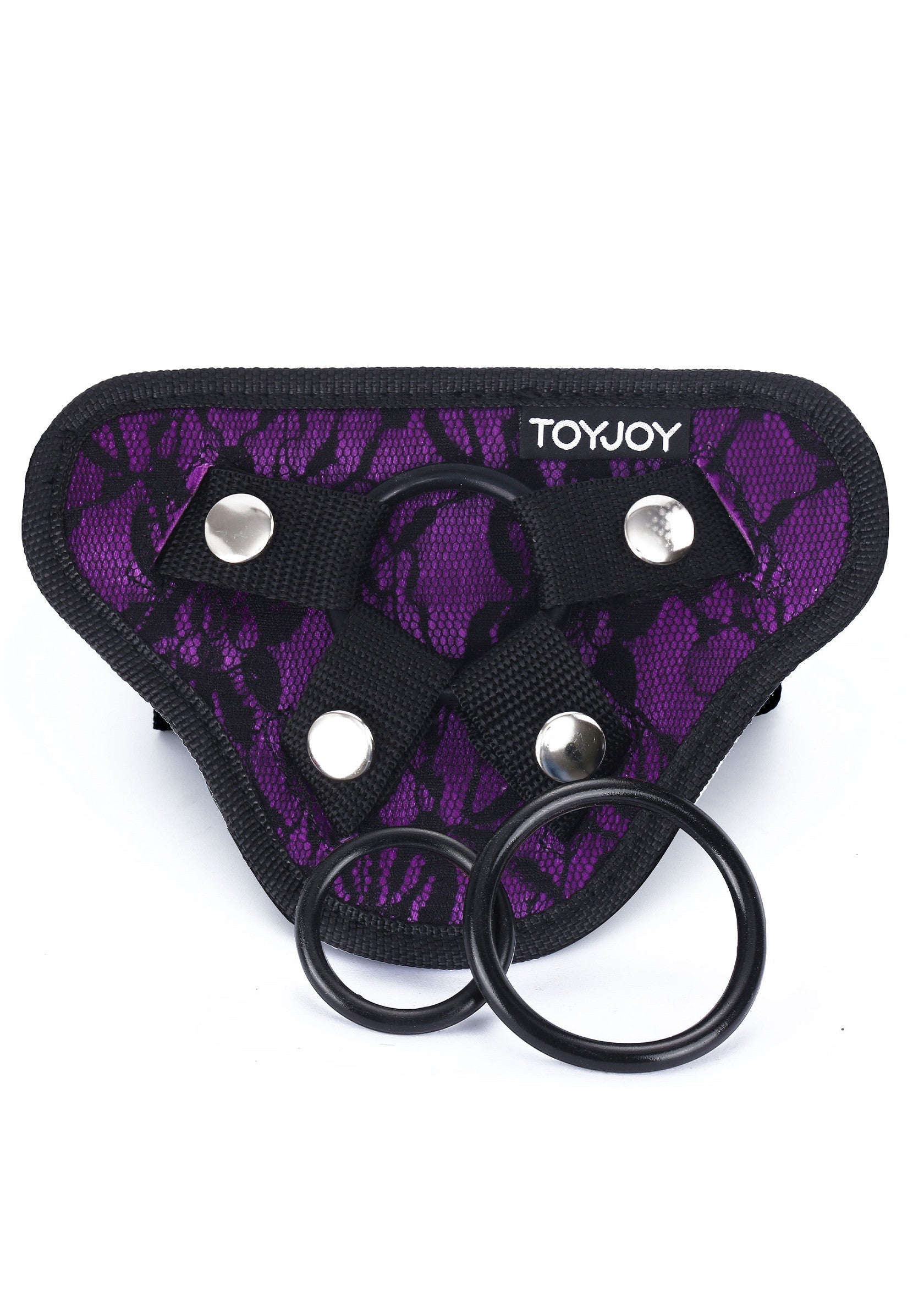 Harnais violet en dentelle avec anneaux, marque Toyjoy, parfait pour pimenter votre vie intime.; Paars kanten harnas met ringen, merk Toyjoy, perfect om uw intieme leven op te fleuren.; Purple lace harness with rings, Toyjoy brand, perfect for spicing up your intimate life.