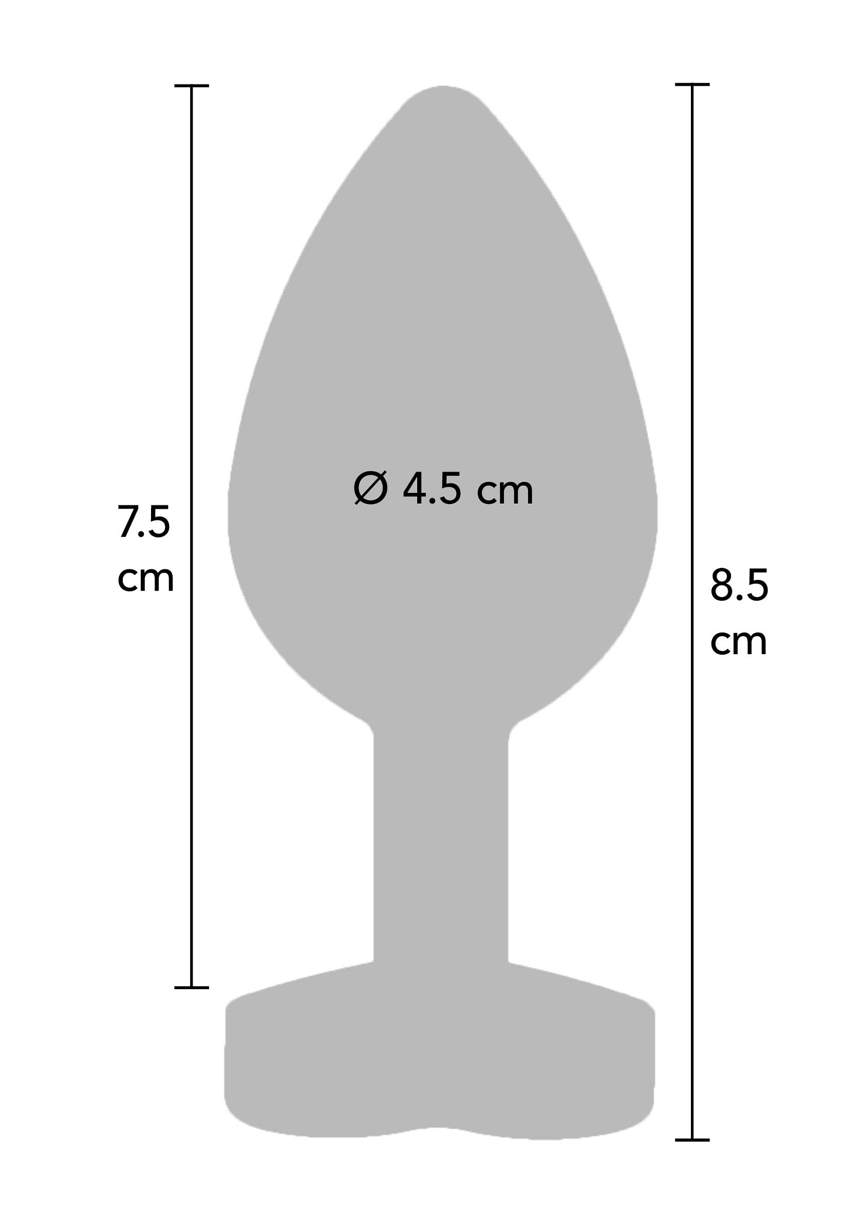 Plug anal avec les mesures pour les débutants. Diamètre: 4.5cm, longueur: 7.5cm / 8.5cm.; Anale plug met maten voor beginners. Diameter: 4.5cm, lengte: 7.5cm / 8.5cm.; Anal plug with measurements for beginners. Diameter: 4.5cm, length: 7.5cm / 8.5cm.