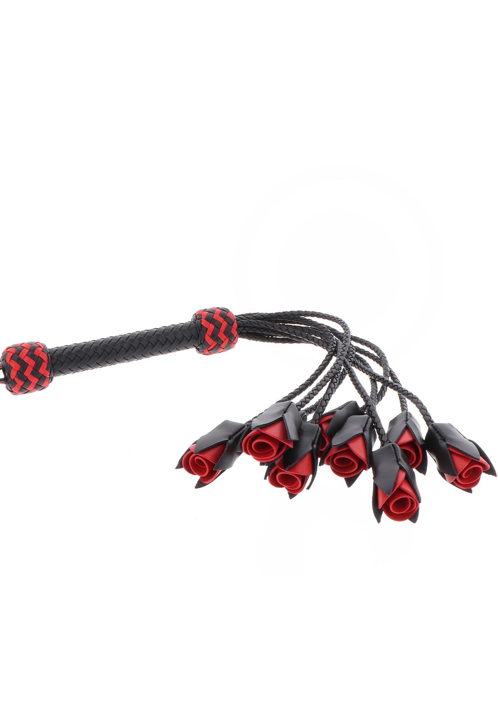 Cravache à roses rouges et noires, accessoire de domination.; Rode en zwarte rozenflogger, bondage accessoire.; Red and black rose flogger, bondage accessory.