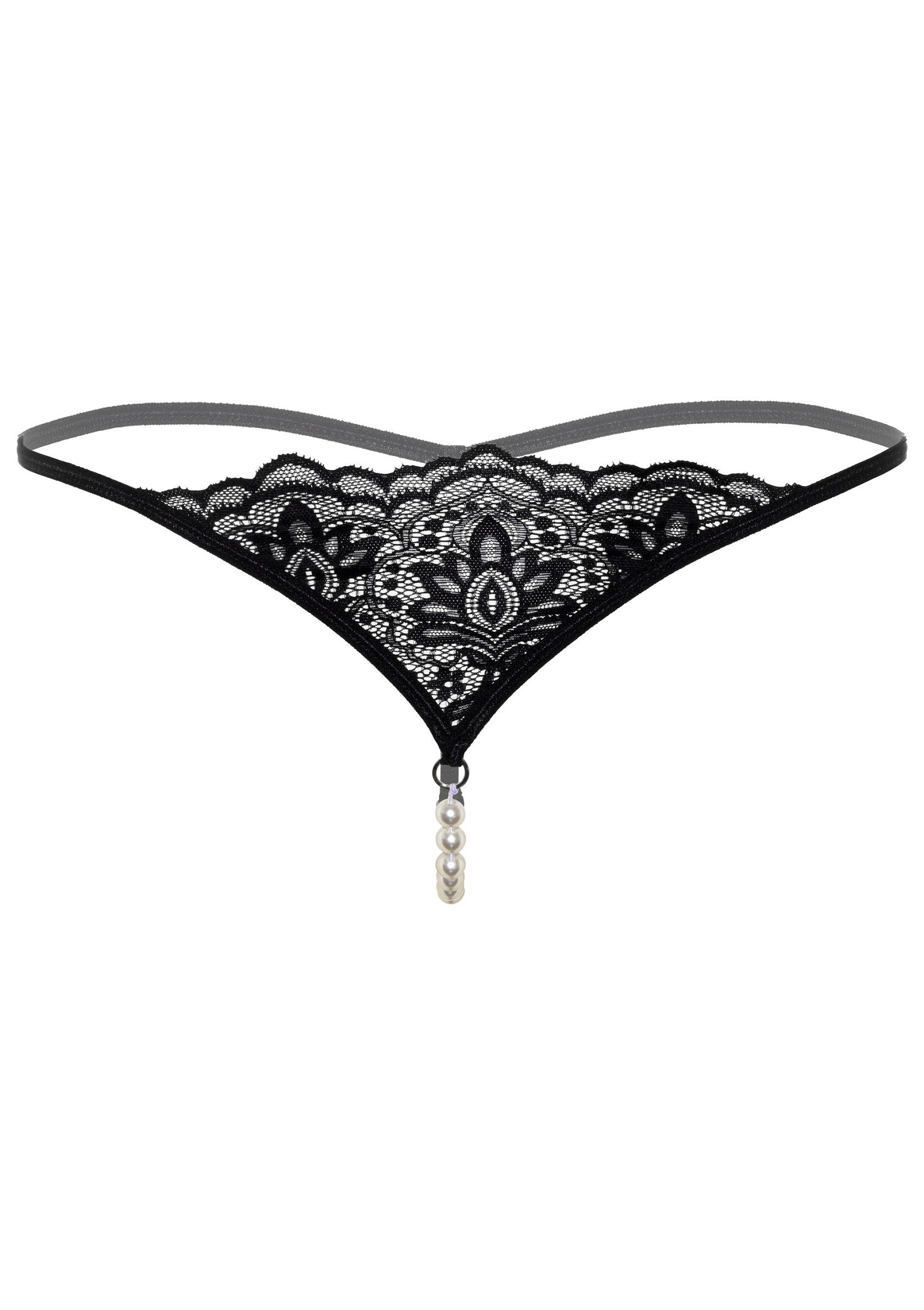 String en dentelle noire avec perles, lingerie coquine et élégante.; Zwarte string van kant met parels, ondeugend en elegant ondergoed.; Black lace g-string with pearl accents, naughty and elegant lingerie.