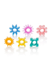 Ensemble d'anneaux péniens texturés colorés pour plus de plaisir et de sensations.; Set van kleurrijke getextureerde penisringen voor extra plezier en sensaties.; Set of colorful textured cock rings for added pleasure and sensations.