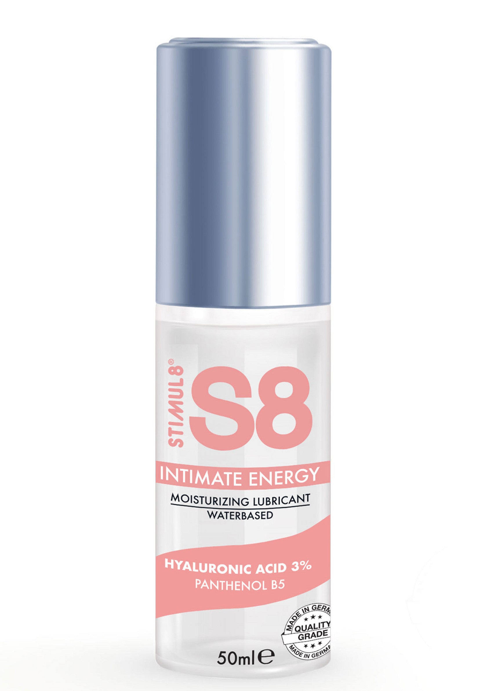 Lubrifiant intime hydratant Stimul8 S8 à base d'eau. Énergie intime, acide hyaluronique 3%, panthénol B5, 50ml.; Stimul8 S8 Intieme energie, hydraterend glijmiddel op waterbasis. Hyaluronzuur 3%, panthenol B5, 50ml.; Stimul8 S8 moisturizing, water-based intimate lubricant. Intimate Energy, Hyaluronic Acid 3%, Panthenol B5, 50ml.