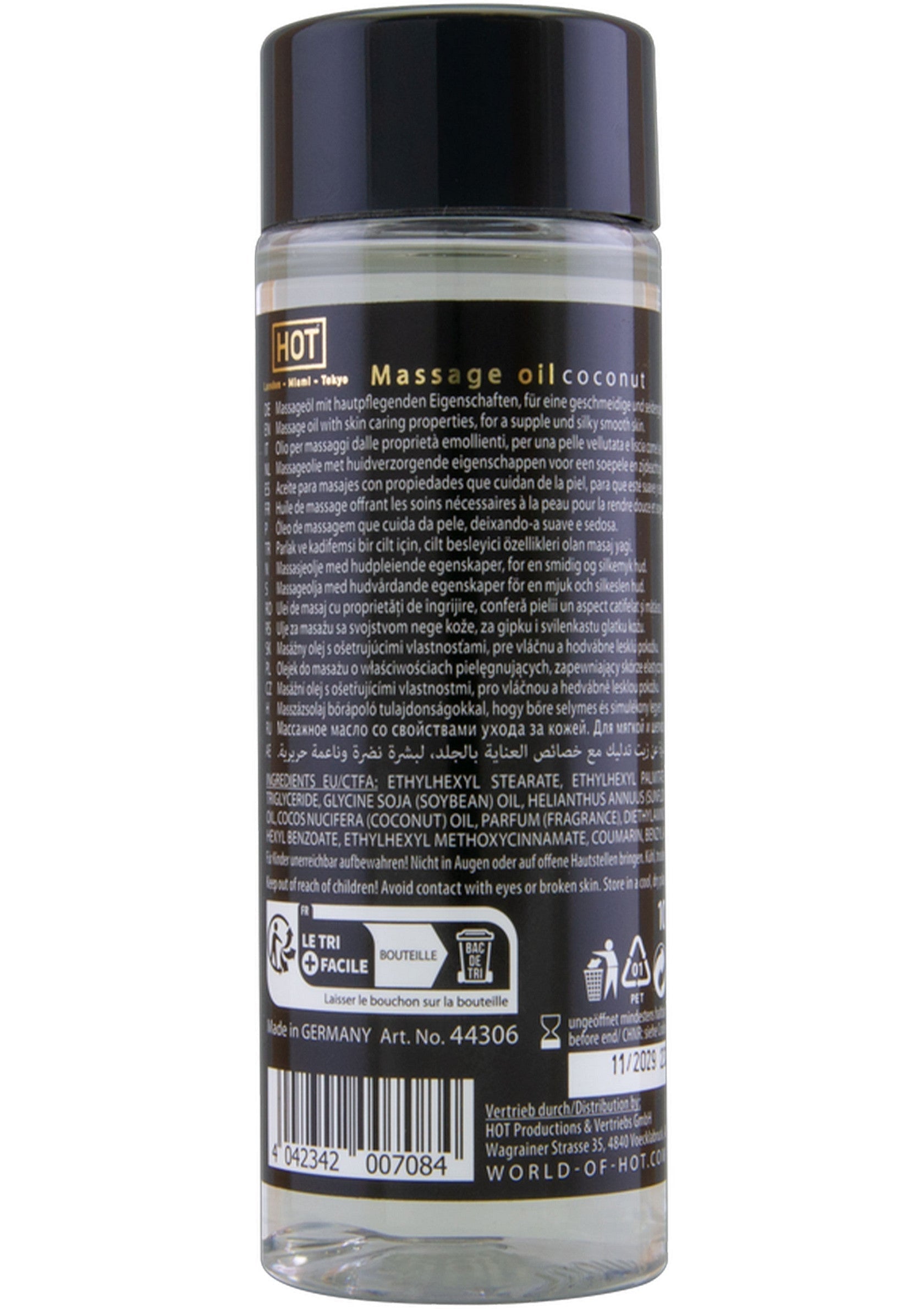 Huile de massage HOT coco, pour une peau douce et souple. Idéale pour un massage relaxant et hydratant.; HOT massageolie kokos, voor een zachte en soepele huid. Ideaal voor een ontspannende en hydraterende massage.; HOT massage oil coconut, for soft, supple skin. Ideal for a relaxing & hydrating massage. 