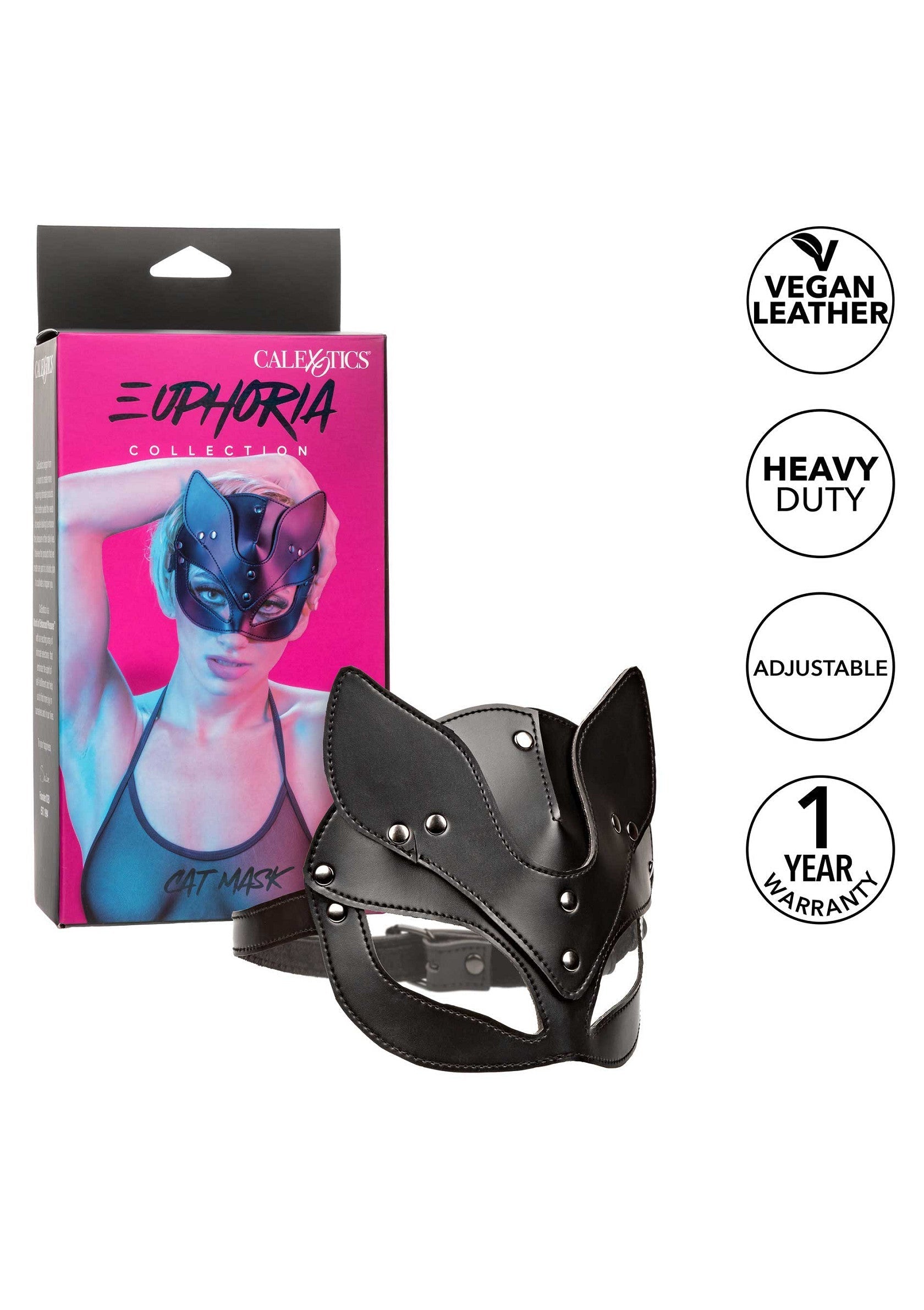 Masque de chat en cuir vegan noir Calexotics Euphoria, réglable et résistant, garantie 1 an. Accessoire fétiche sexy pour jeux de rôle.; Calexotics Euphoria zwart veganistisch leren kattenmasker, verstelbaar en heavy duty, 1 jaar garantie. Sexy fetish accessoire rollenspel.; Calexotics Euphoria black vegan leather cat mask, adjustable & heavy duty, 1 year warranty. Sexy fetish accessory role play.