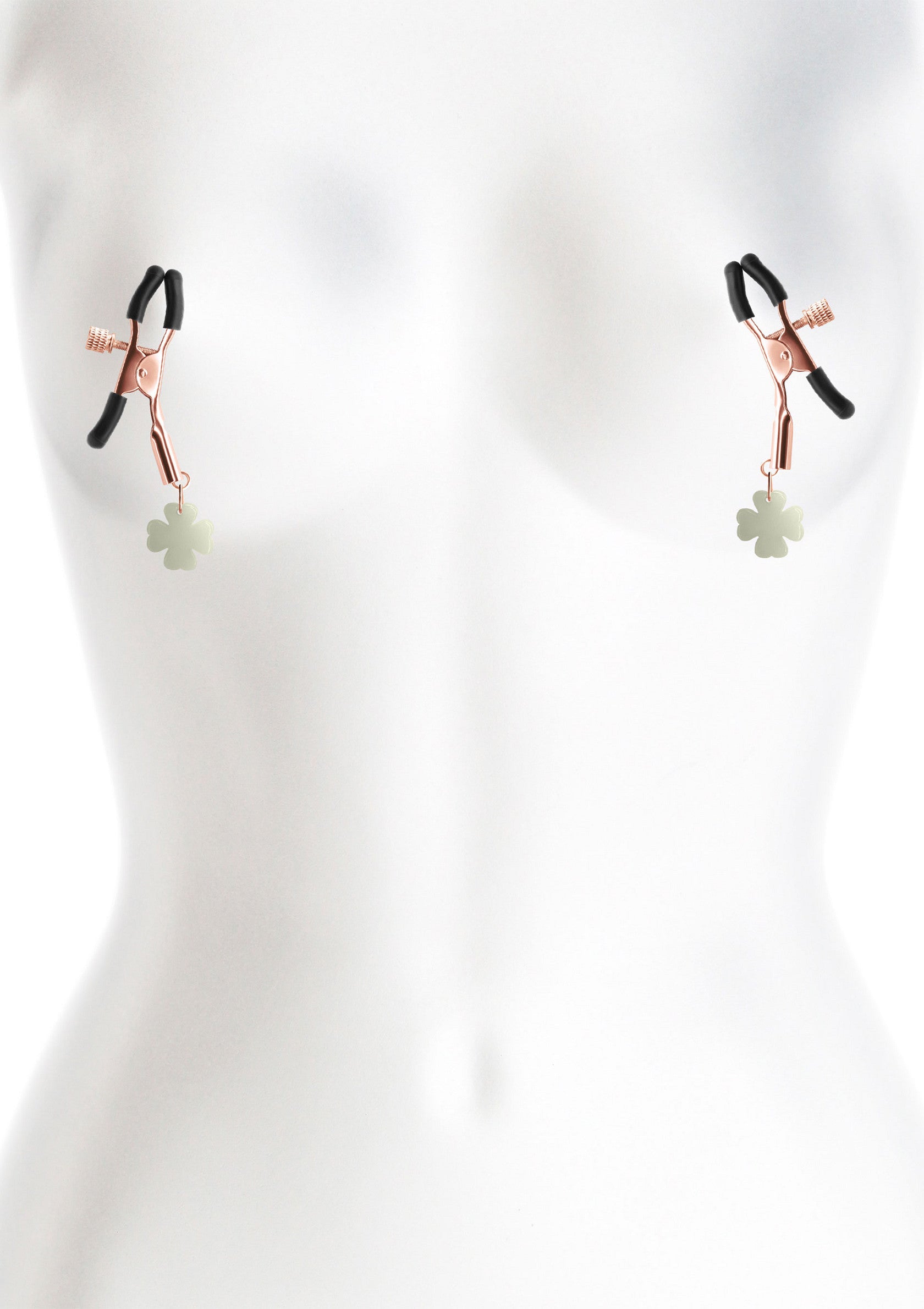 Pinces à tétons décorées d'un trèfle à quatre feuilles pour un plaisir excitant.; Tepelklemmen versierd met een klavertje vier voor prikkelend genot.; Nipple clamps decorated with a four-leaf clover for titillating pleasure.