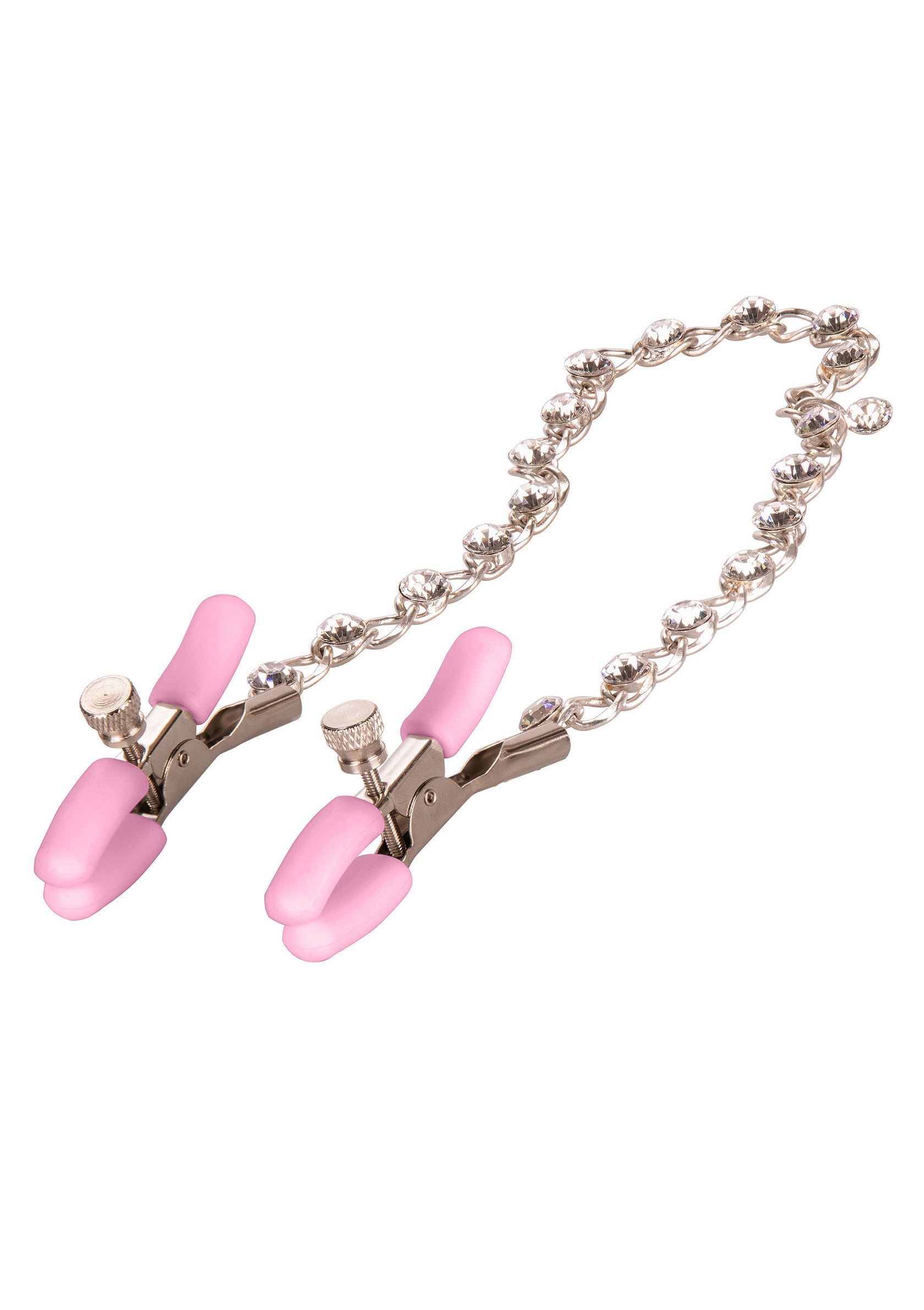 Pinces à tétons roses avec chaîne de strass, pour une expérience sensuelle et raffinée.; Roze tepelklemmen met strass ketting, voor een sensuele en verfijnde ervaring.; Pink nipple clamps with rhinestone chain, for a sensual and refined experience.