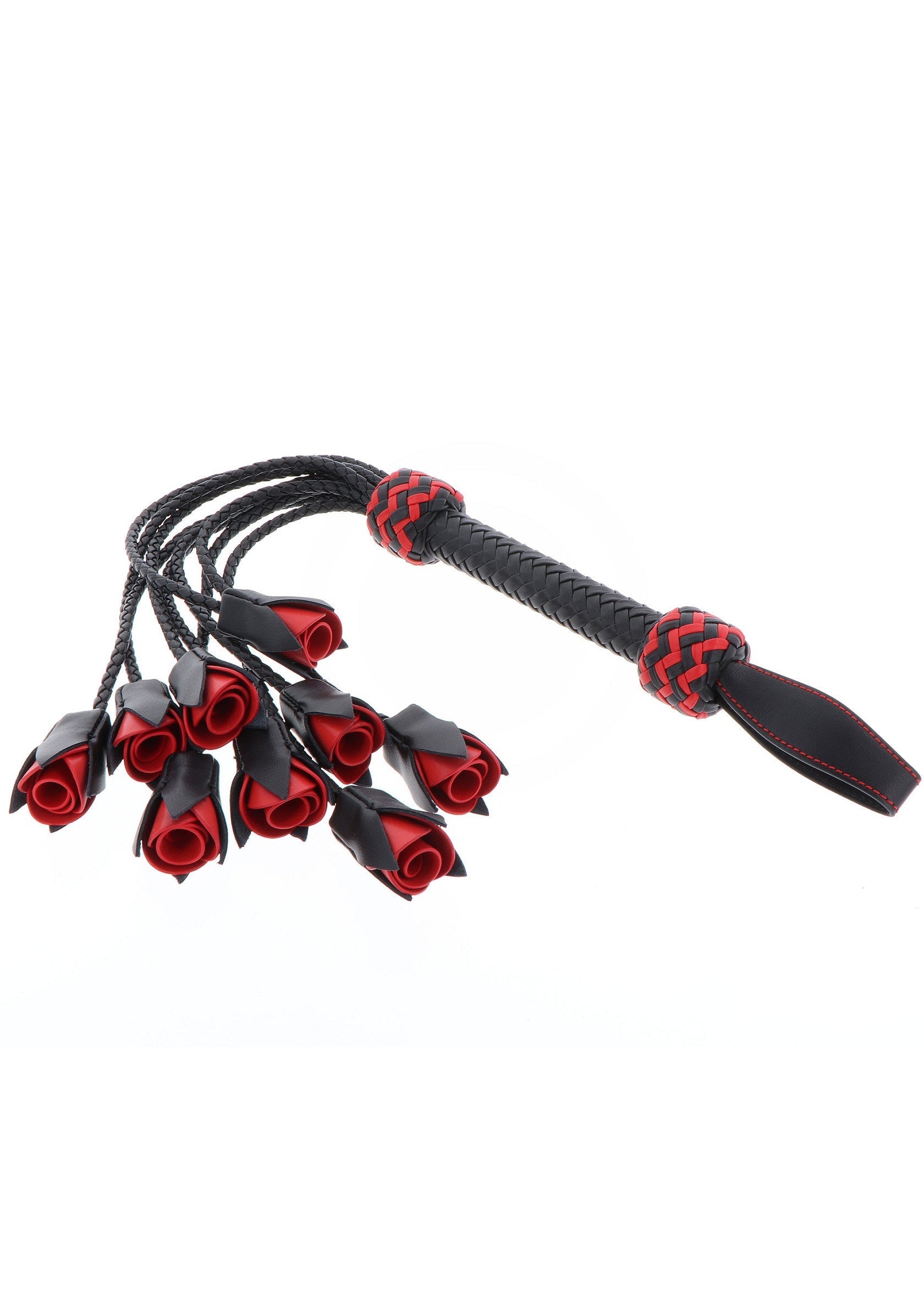 Cravache noire ornée de roses rouges, idéale pour pimenter vos jeux coquins. Raffinement et sensualité garantis!; Zwarte zweep met rode rozen, perfect om je stoutste spelletjes op te fleuren. Verfijning en sensualiteit gegarandeerd!; Black flogger with red roses, perfect to spice up your kinky games. Refinement and sensuality guaranteed!