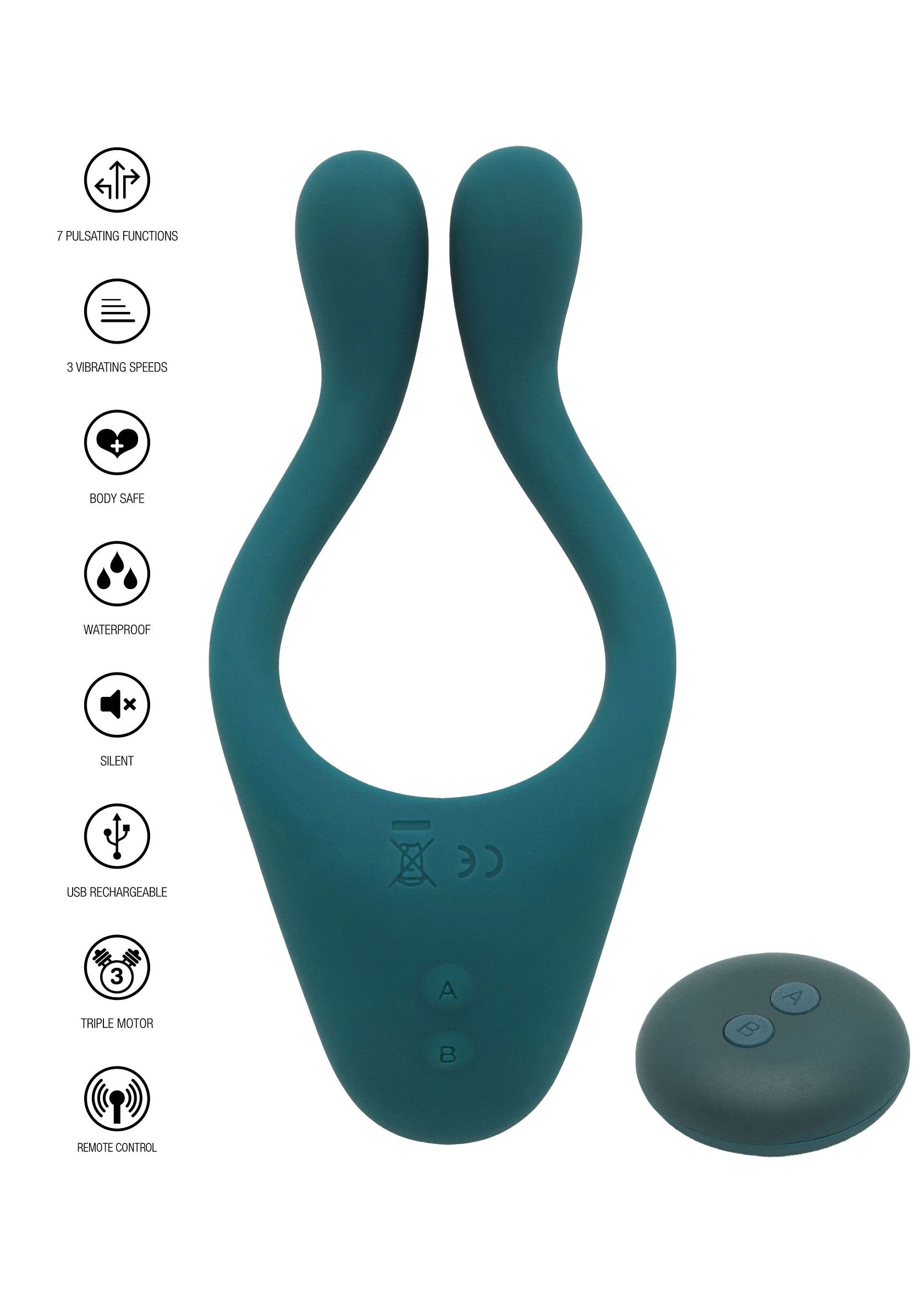 Vibromasseur bleu sarcelle avec télécommande sans fil, 7 fonctions, 3 vitesses, étanche et rechargeable par USB.; Teal vibrator met draadloze afstandsbediening, 7 functies, 3 snelheden, waterdicht en USB oplaadbaar.; Teal vibrator with wireless remote, 7 functions, 3 speeds, waterproof, and USB rechargeable.