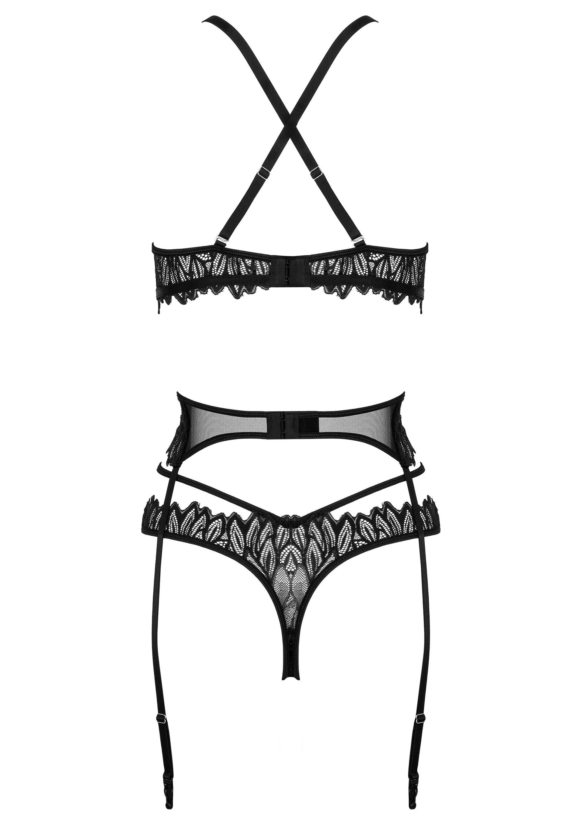 Ensemble de lingerie noire en dentelle : soutien-gorge, string et porte-jarretelles. Élégant et séduisant.; Zwarte kanten lingerie set: beha, string en jarretelgordel. Elegant en verleidelijk.; Black lace lingerie set: bra, thong, and garter belt. Elegant and seductive.