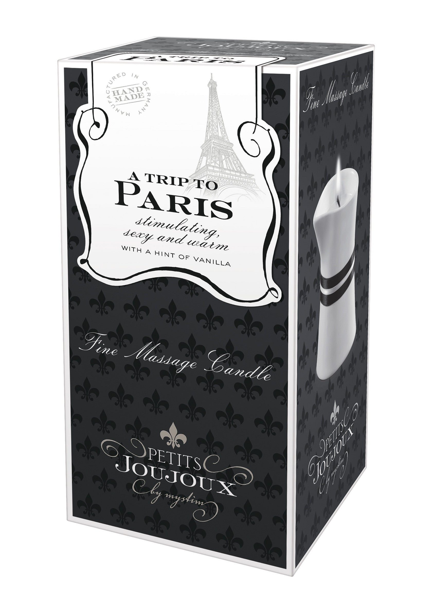 Bougie de massage Petits Joujoux 'Voyage à Paris'. Stimulante, sexy, avec une touche de vanille. ; Petits Joujoux massagekaars 'Trip naar Parijs'. Stimulerend, sexy, met een vleugje vanille.; Petits Joujoux massage candle 'A Trip to Paris'. Stimulating, sexy, with a hint of vanilla.