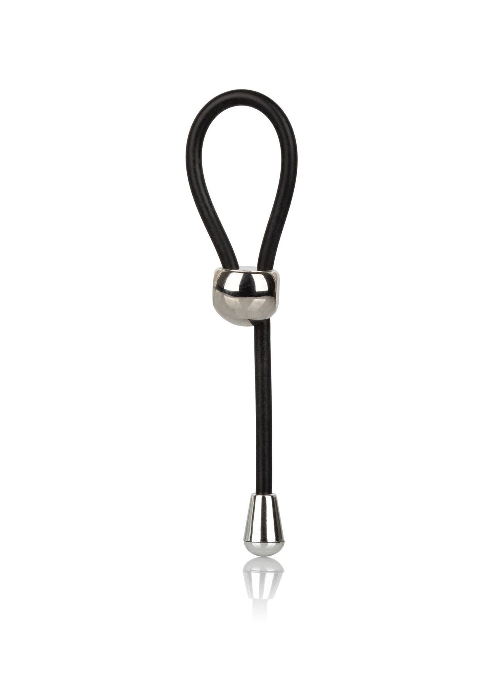 Anneau pénien noir réglable avec des accents argentés pour plus de plaisir.; Verstelbare zwarte penisring met zilveren accenten voor extra genot.; Adjustable black cock ring with silver accents for extra pleasure.