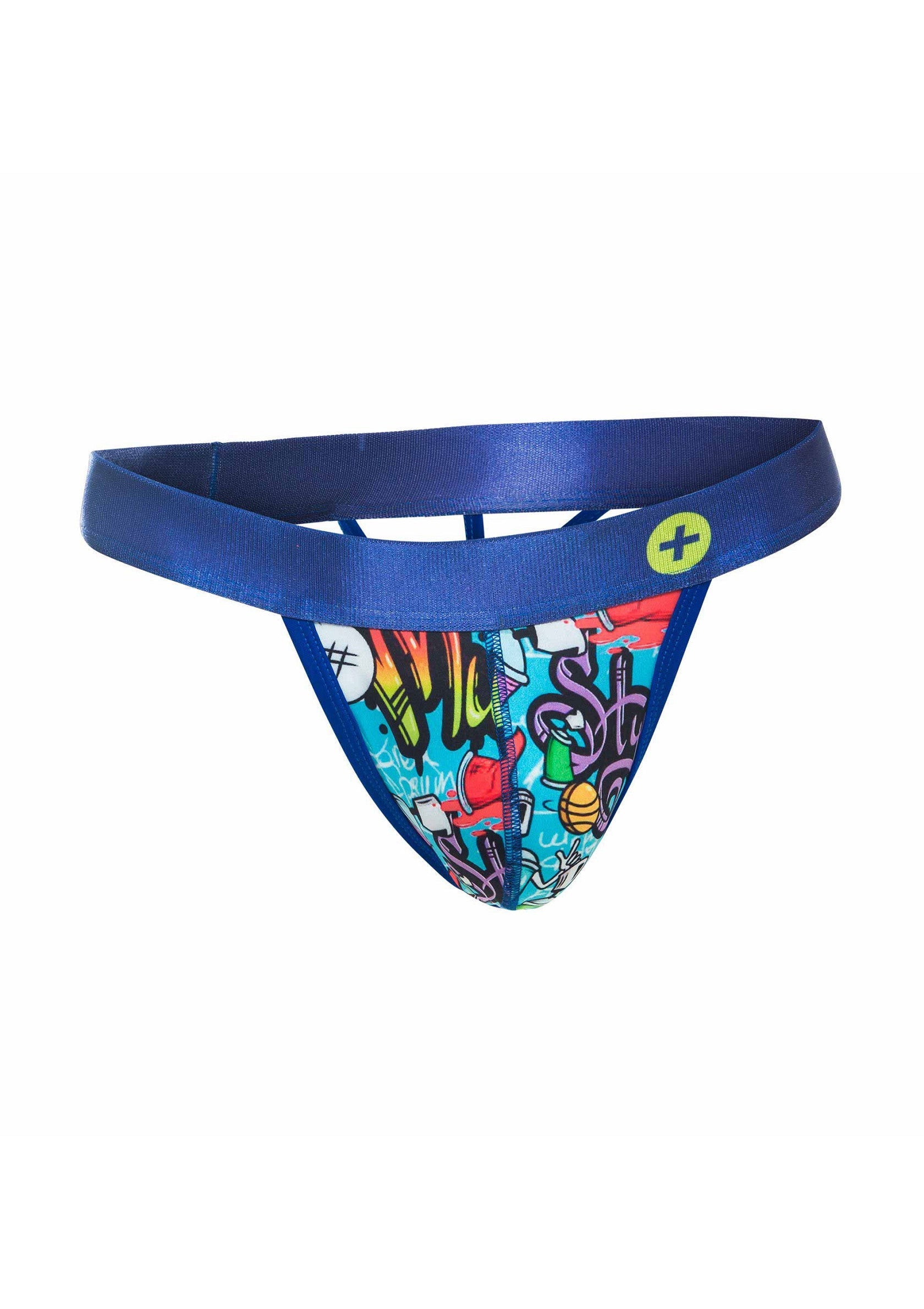 Jockstrap bleu avec motif graffiti pour homme. Sous-vêtement confortable et tendance.; Blauwe jockstrap met graffiti print voor heren. Comfortabel en trendy ondergoed.; Blue jockstrap with graffiti print for men. Comfortable and trendy underwear.