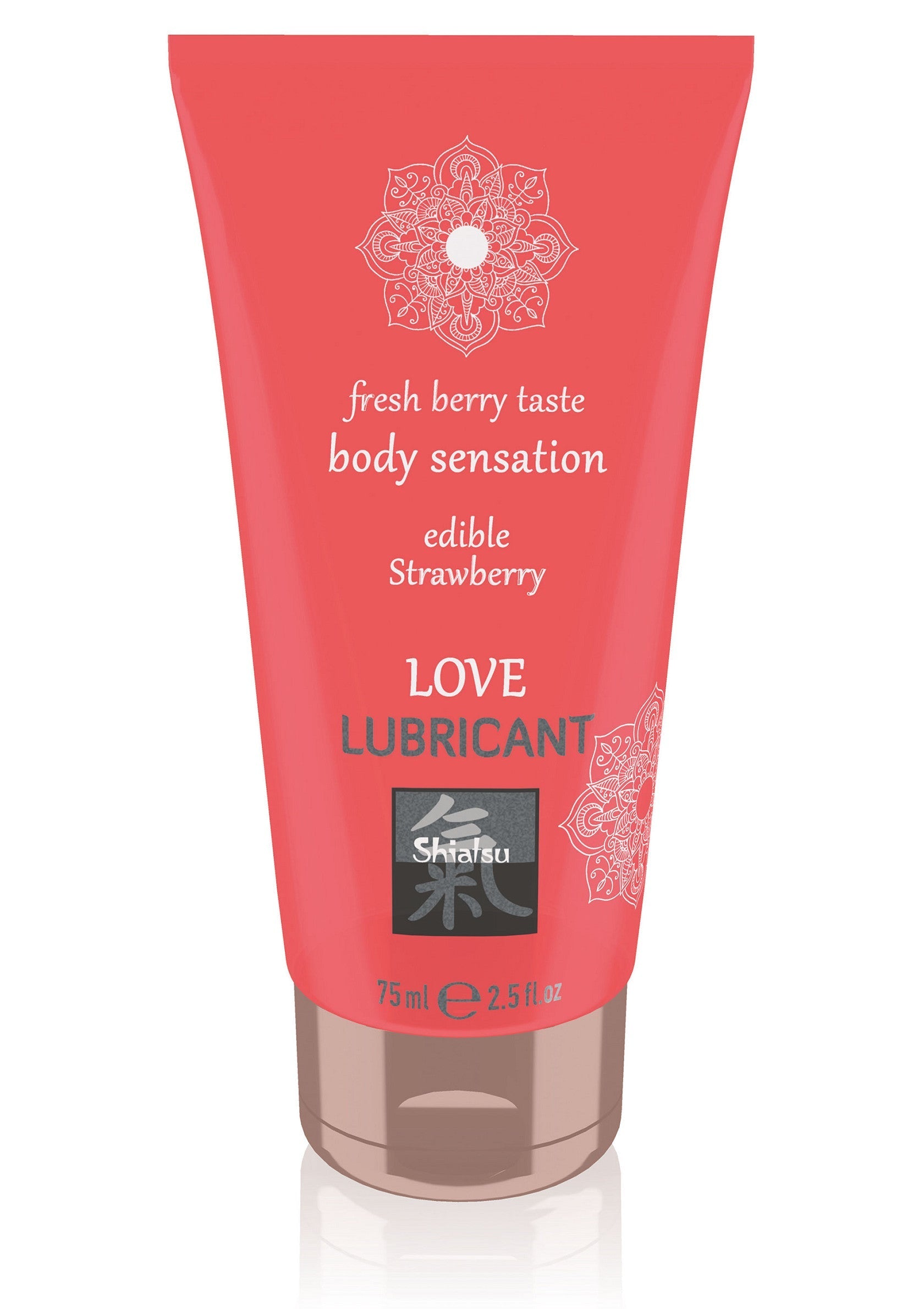 Lubrifiant comestible Shiatsu Love Strawberry. Goût de fruits rouges pour des sensations intenses. Format 75ml.; Eetbare Shiatsu Love Strawberry glijmiddel. Verse bessensmaak voor intense sensaties. 75ml formaat.; Shiatsu Love Strawberry edible lubricant. Fresh berry taste for body sensation. 75ml size.