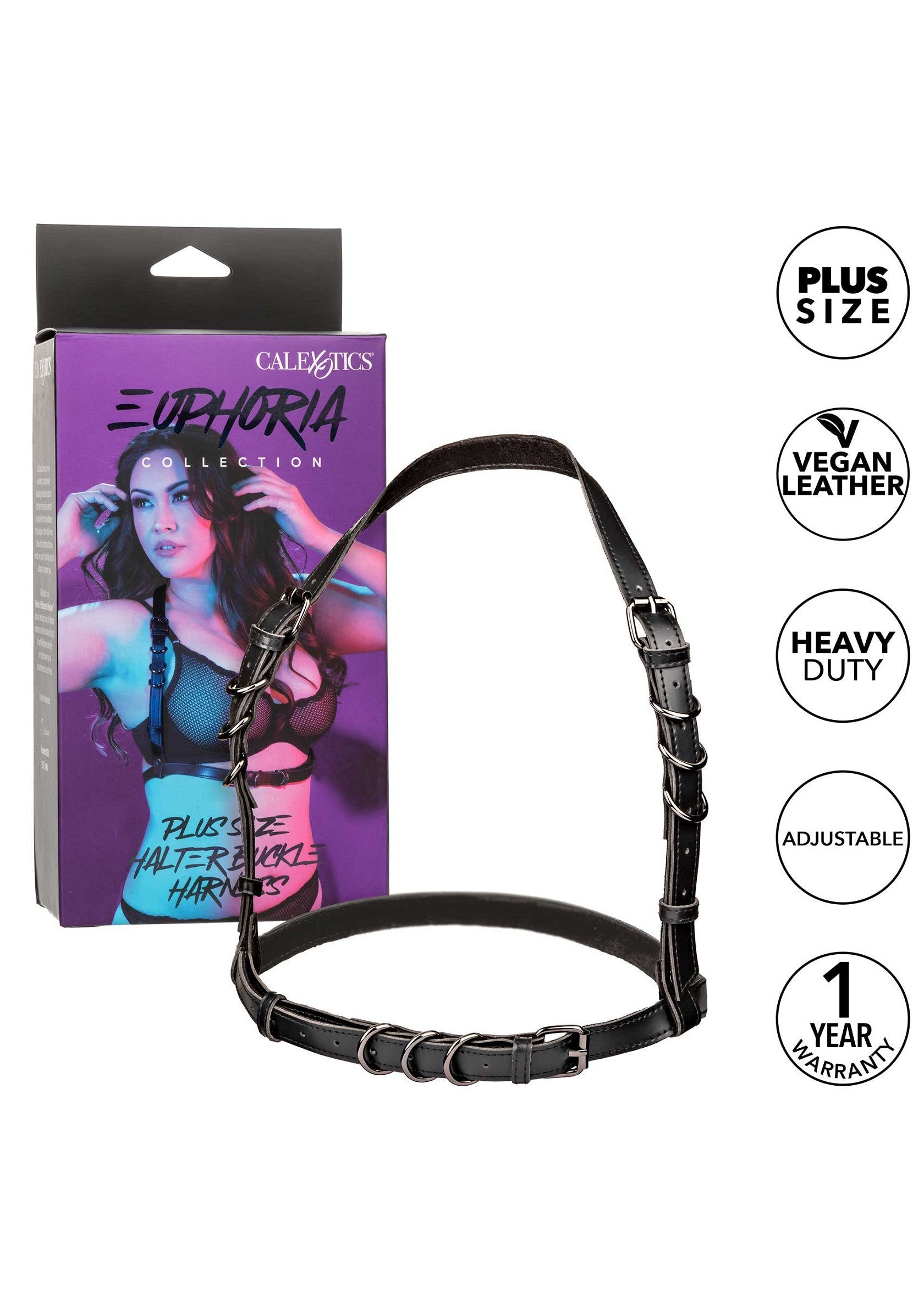 Harnais de corps Calexotics Euphoria Collection grande taille en cuir végétal noir, réglable et résistant.; Calexotics Euphoria Collection plus size body harnas van zwart veganistisch leer, verstelbaar en heavy duty.; Calexotics Euphoria Collection plus size body harness in black vegan leather, adjustable, and heavy duty.