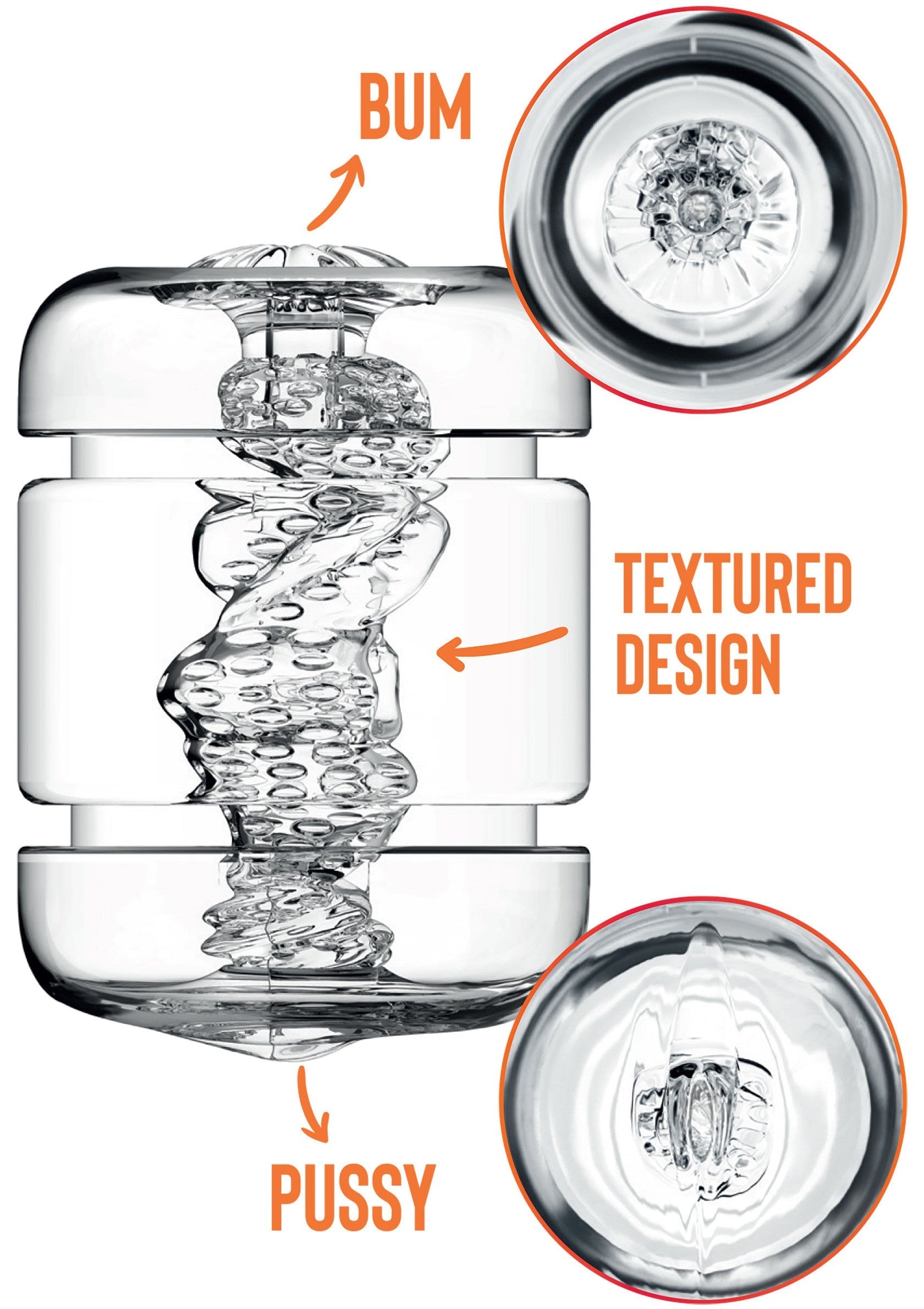 Manchon masturbatoire à double entrée avec design texturé pour des sensations ultimes.; Dubbelzijdige masturbator met getextureerd ontwerp voor ultiem genot.; Dual-entry masturbator with textured design for ultimate pleasure.