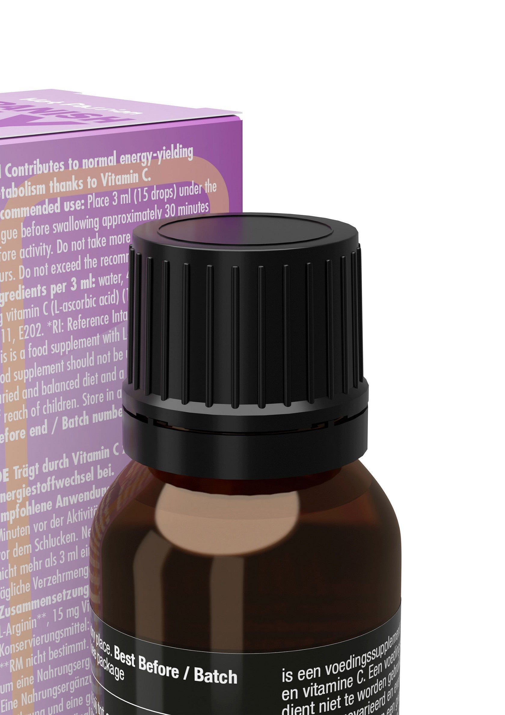 Flacon de vitamine C pour un coup de boost. Complément alimentaire pour l'énergie. Voir date de péremption.; Vitamine C druppels voor extra energie. Voedingssupplement. Gebruiksaanwijzing en houdbaarheidsdatum op verpakking.; Vitamin C drops for an energy boost. Food supplement. Expiry date and directions for use on packaging.