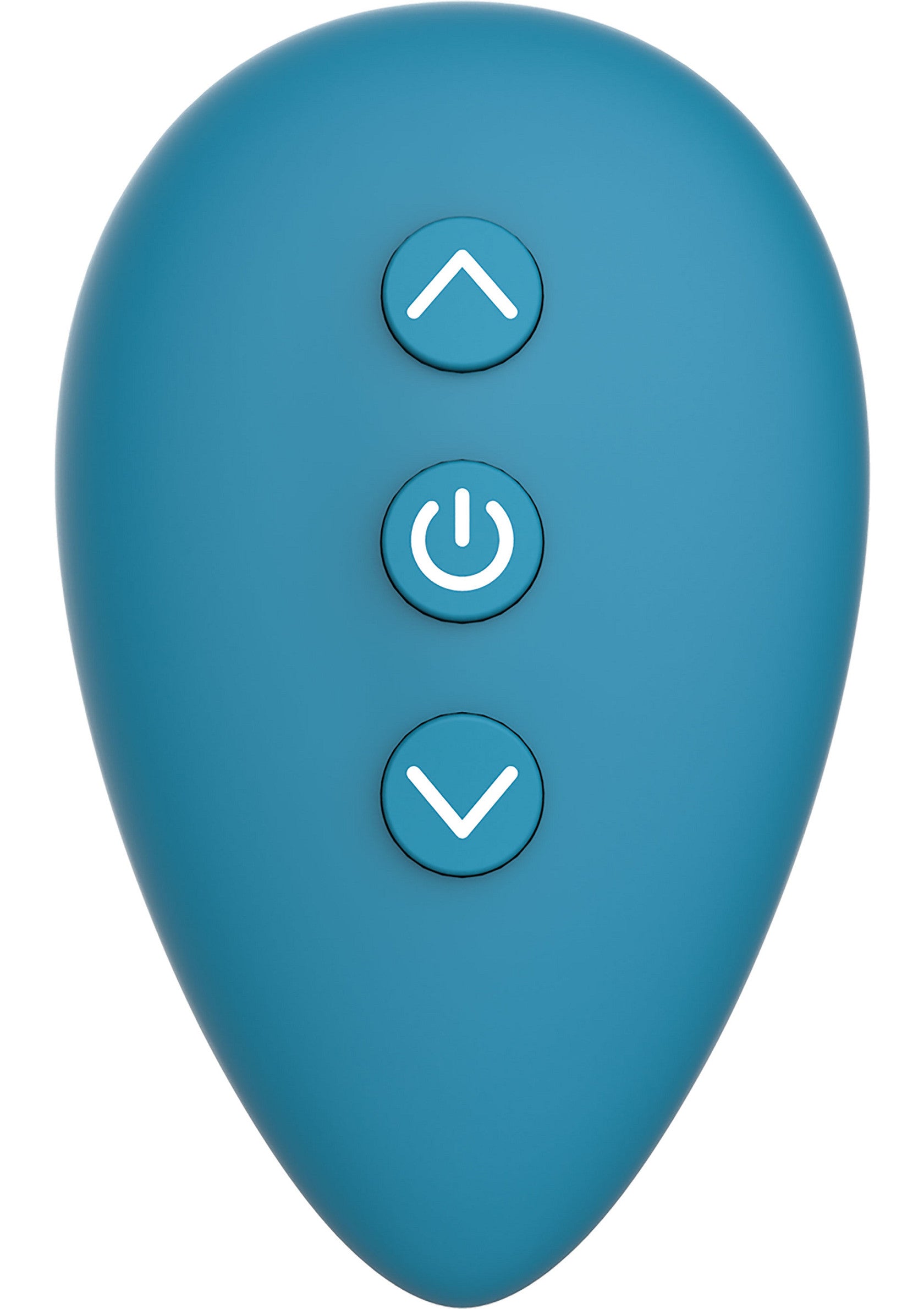 Télécommande bleue avec boutons de navigation et d'alimentation.; Blauwe afstandsbediening met navigatie- en aan/uit-knoppen.; Blue remote control with navigation and power buttons.
