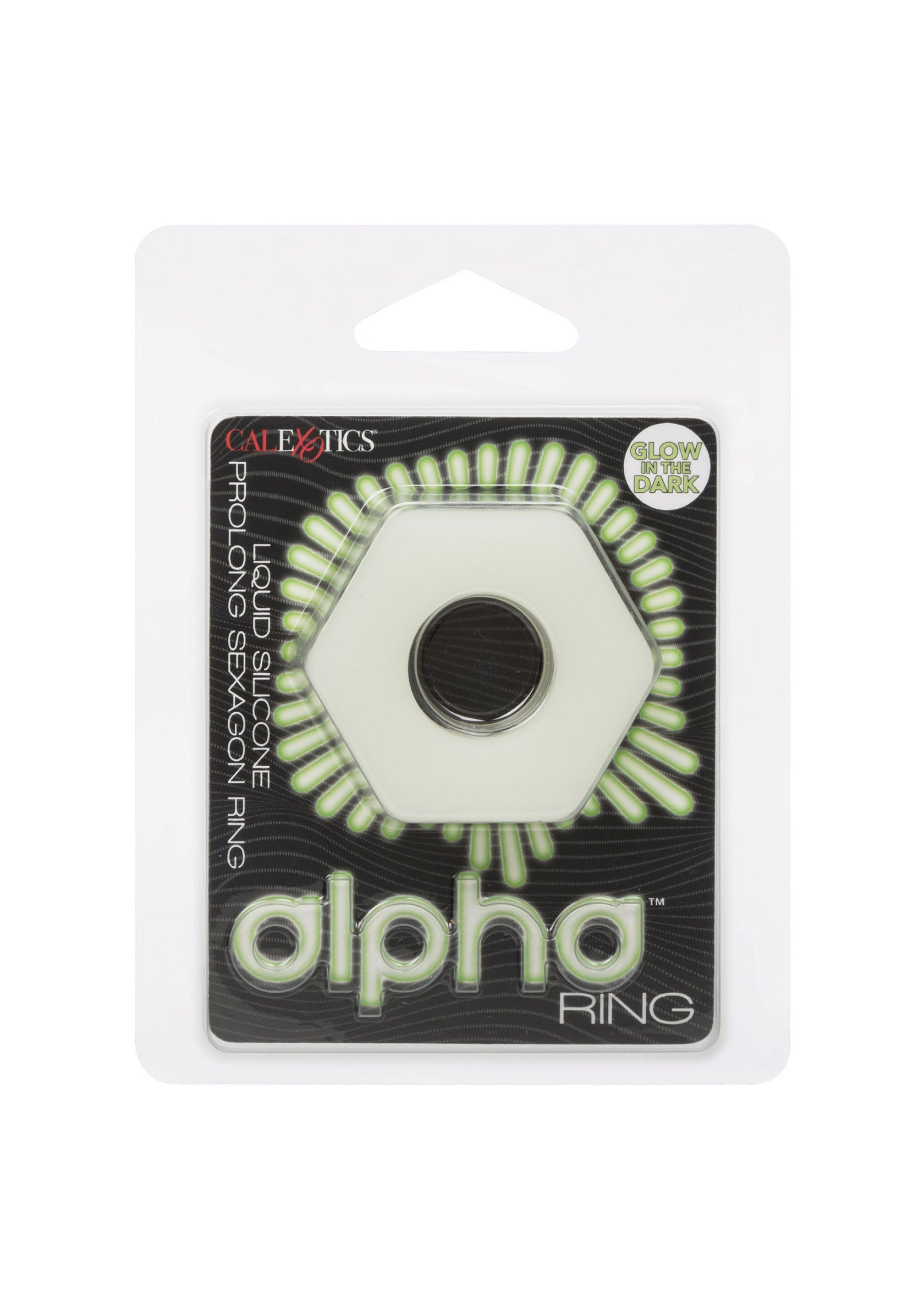 Anneau pénien CalExotics Alpha Ring, silicone liquide, hexagonal, phosphorescent dans l'obscurité, prolonge le plaisir.; CalExotics Alpha Ring, vloeibare siliconen, zeshoekig, glow-in-the-dark, verlengt het plezier.; CalExotics Alpha Ring, liquid silicone, hexagon shape, glow in the dark, prolongs pleasure.