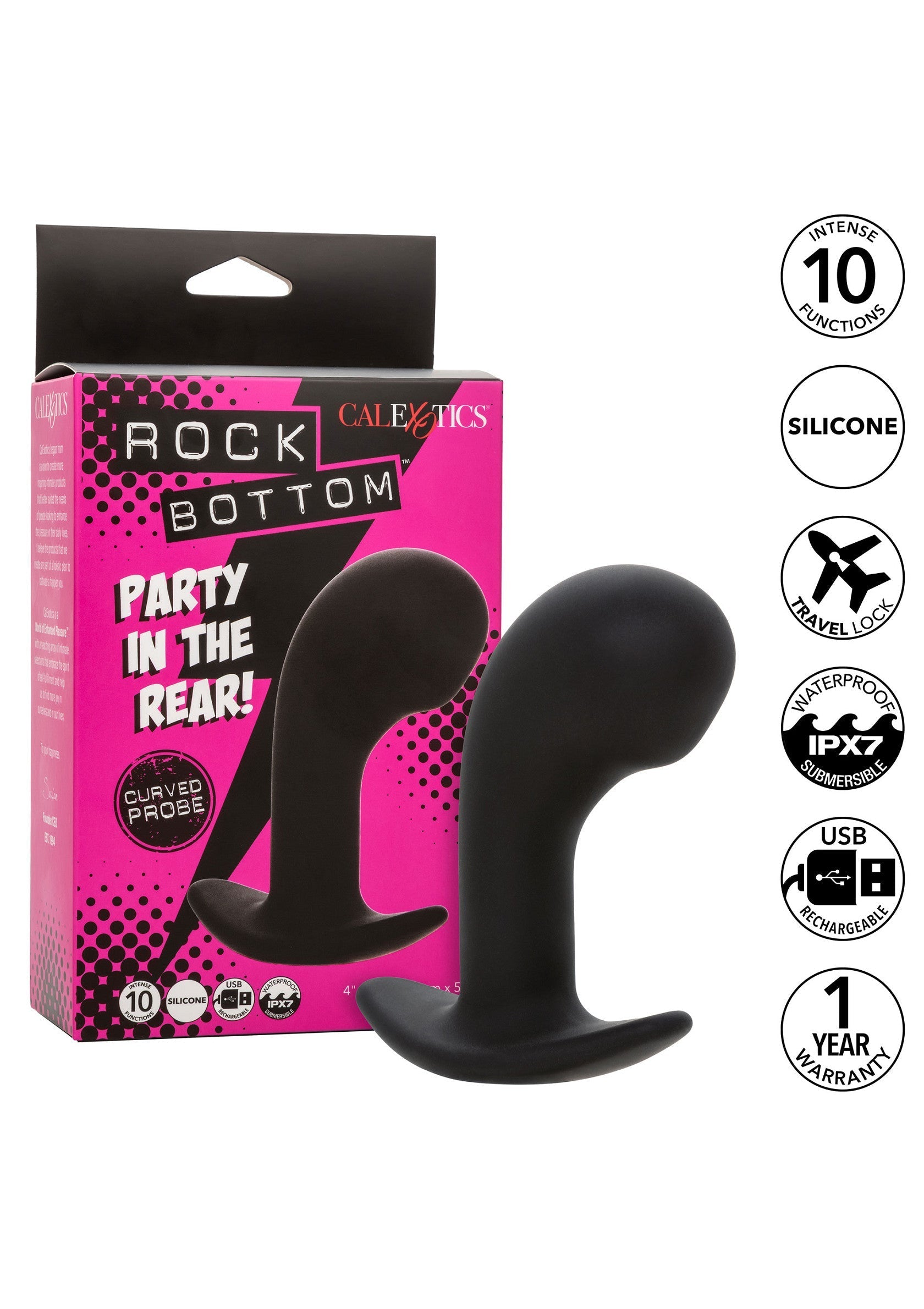 Rock Bottom par CalExotics, un plug anal incurvé pour des sensations intenses. 10 fonctions, silicone, rechargeable USB et étanche.; Rock Bottom van CalExotics, een gebogen anale plug voor intense sensaties. 10 functies, siliconen, USB oplaadbaar en waterdicht.; Rock Bottom by CalExotics, a curved anal plug for intense sensations. 10 functions, silicone, USB rechargeable & waterproof.